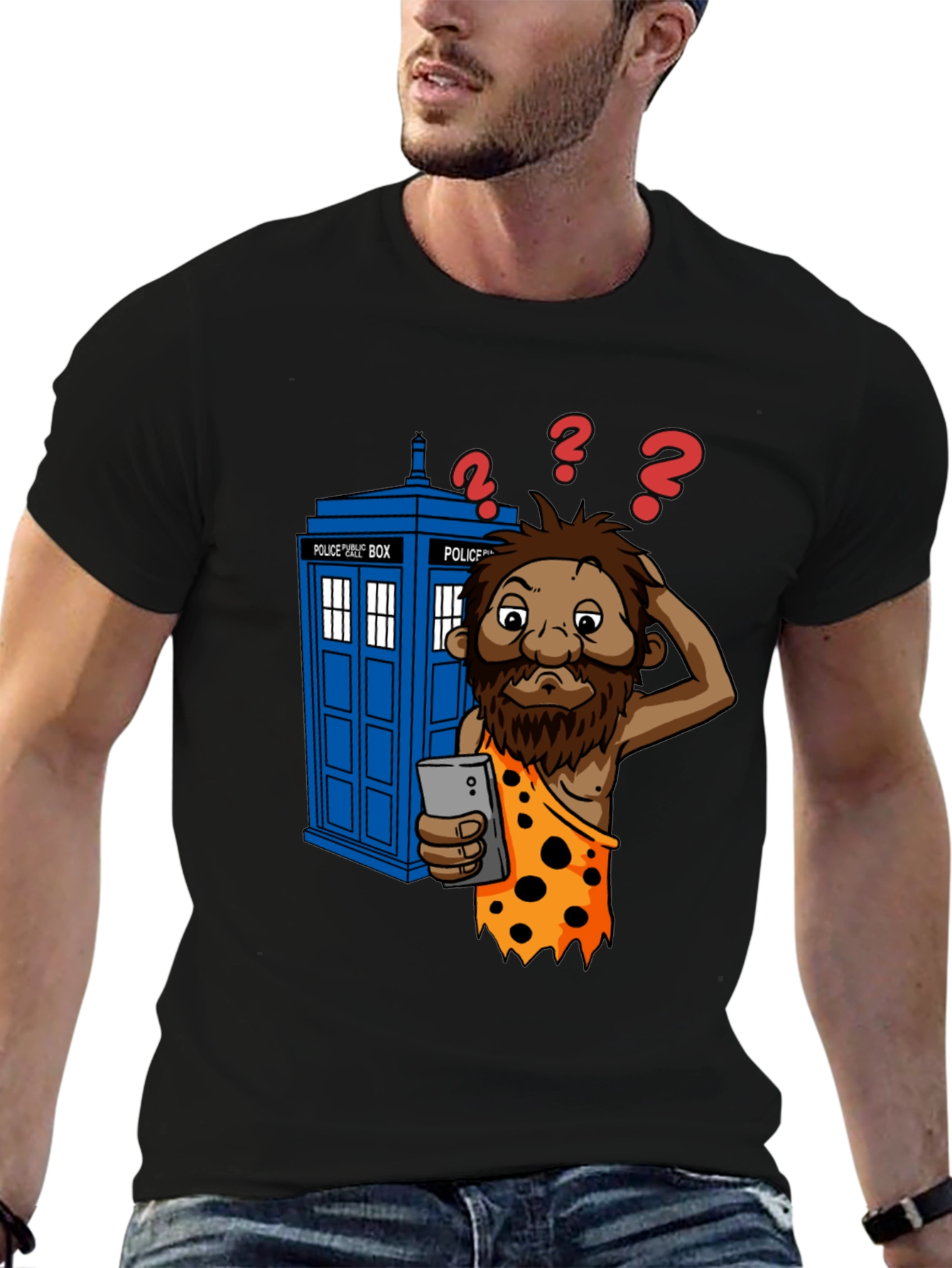 Black Time Traveler T-Shirt - Confused Caveman & Phone view 6