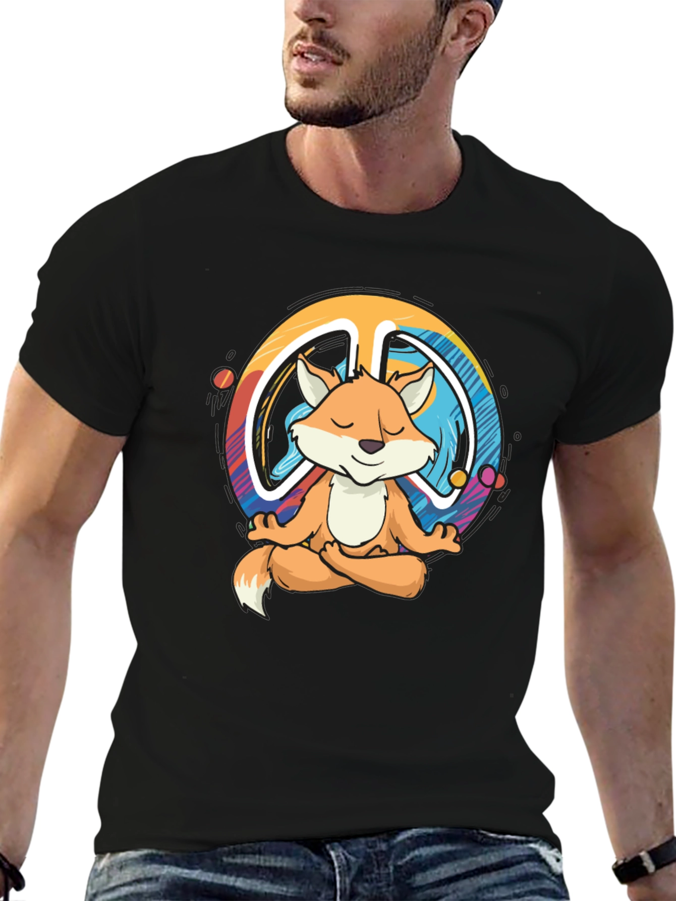 Black Zen Fox Peace Sign T-Shirt - Meditating Fox Design view 6
