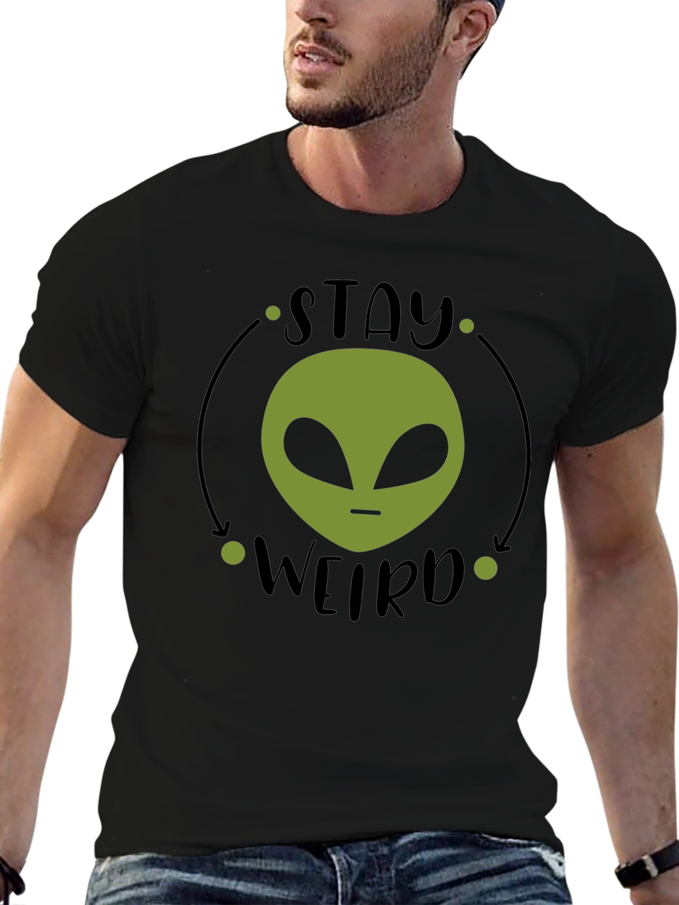 Black Stay Weird Alien Graphic Tee - Black Cotton T-Shirt view 6
