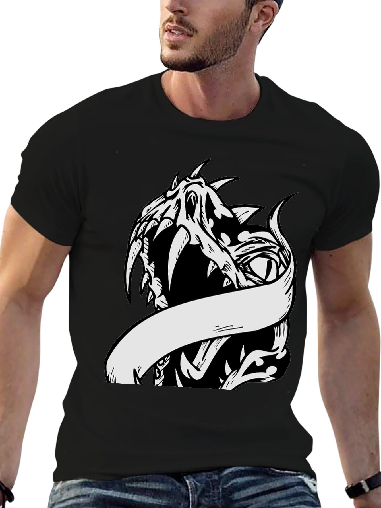 Black Black T-Shirt with Dragon Graphic view 6