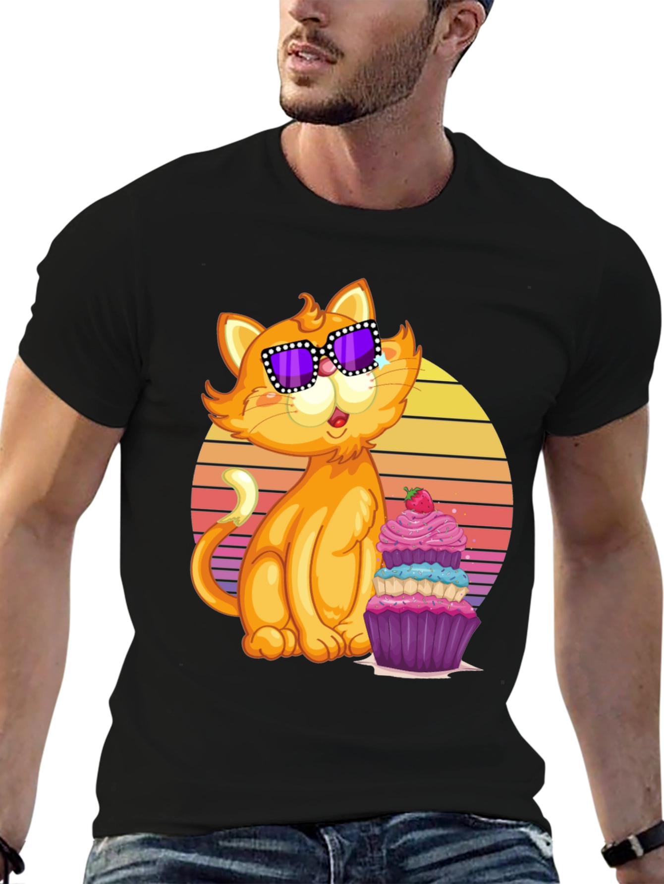 Black Cool Cat with Cupcake T-Shirt view 6
