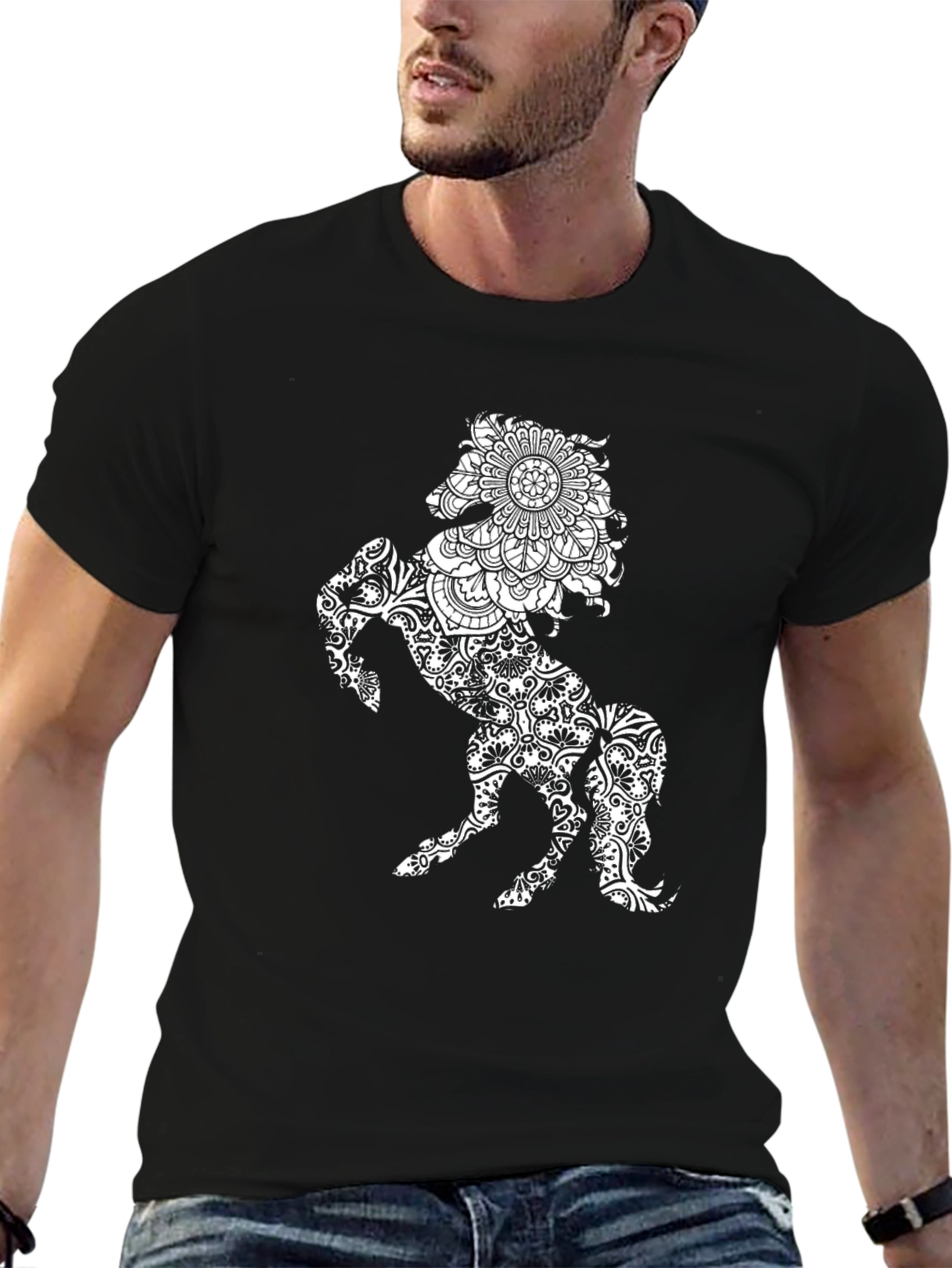 Black Black T-Shirt with Horse Mandala Print view 6