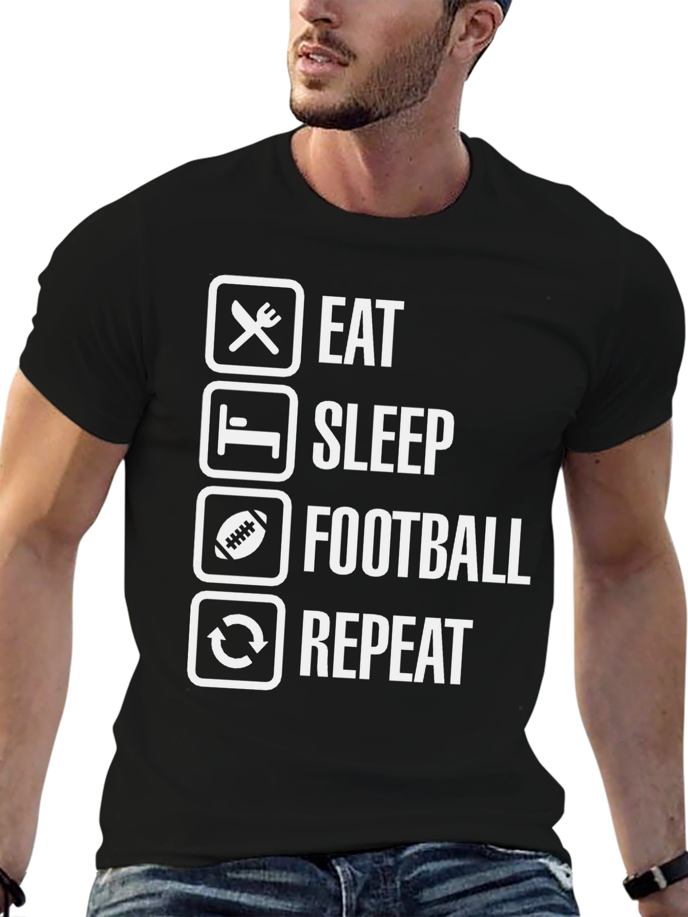Black Eat Sleep Football Repeat Black T-Shirt view 6