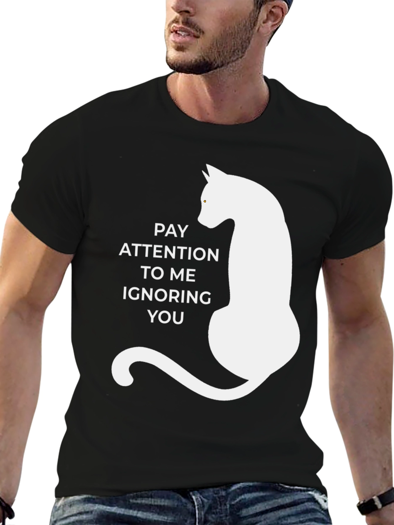 Black Pay Attention Cat T-Shirt - Humorous Tee view 6