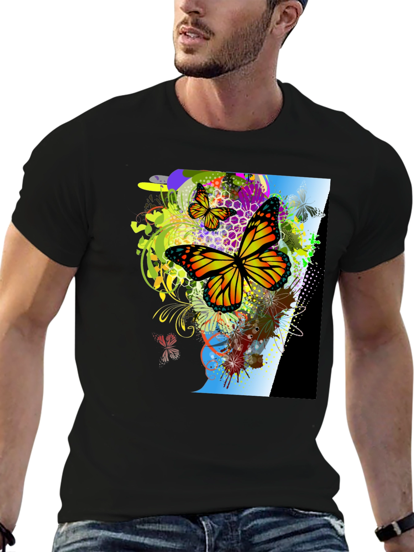 Black Butterfly Graphic Print Men's Black T-Shirt view 6