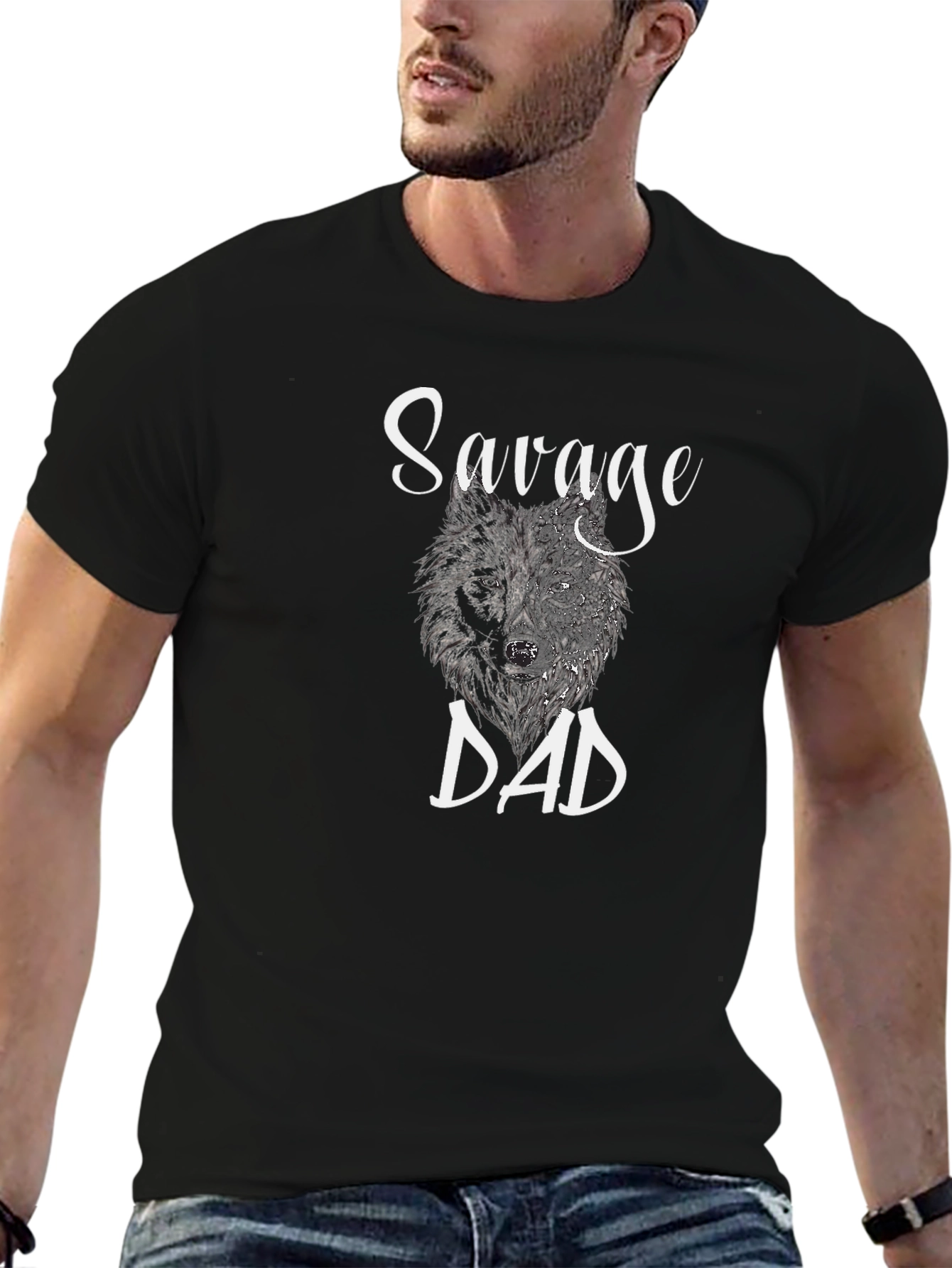 Black Savage Dad Wolf Graphic T-Shirt view 6