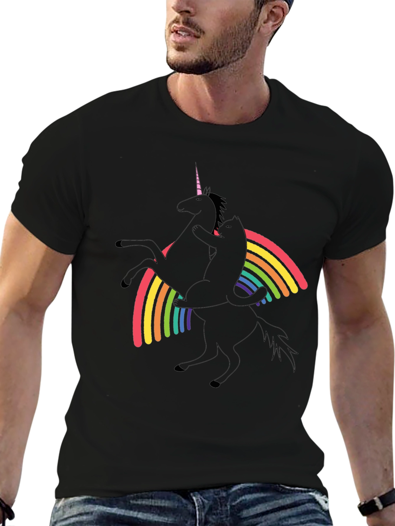 Black Unicorn & Cat Rainbow Graphic Black T-Shirt view 6