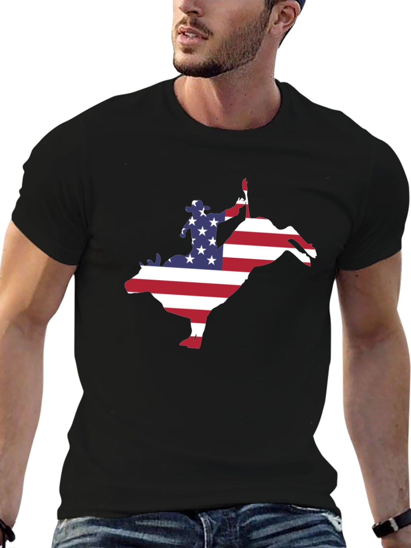 Black American Flag Bull Rider Graphic T-Shirt view 6