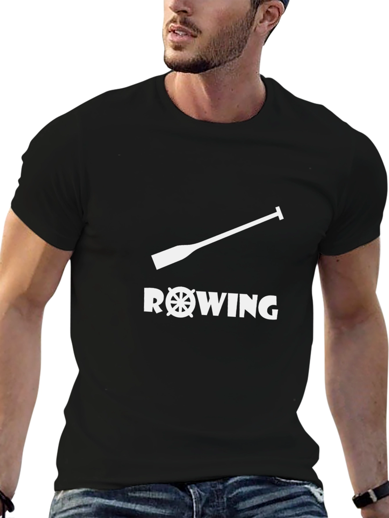 Black Rowing T-Shirt - Oar & Wheel Design - Black Cotton Tee view 6