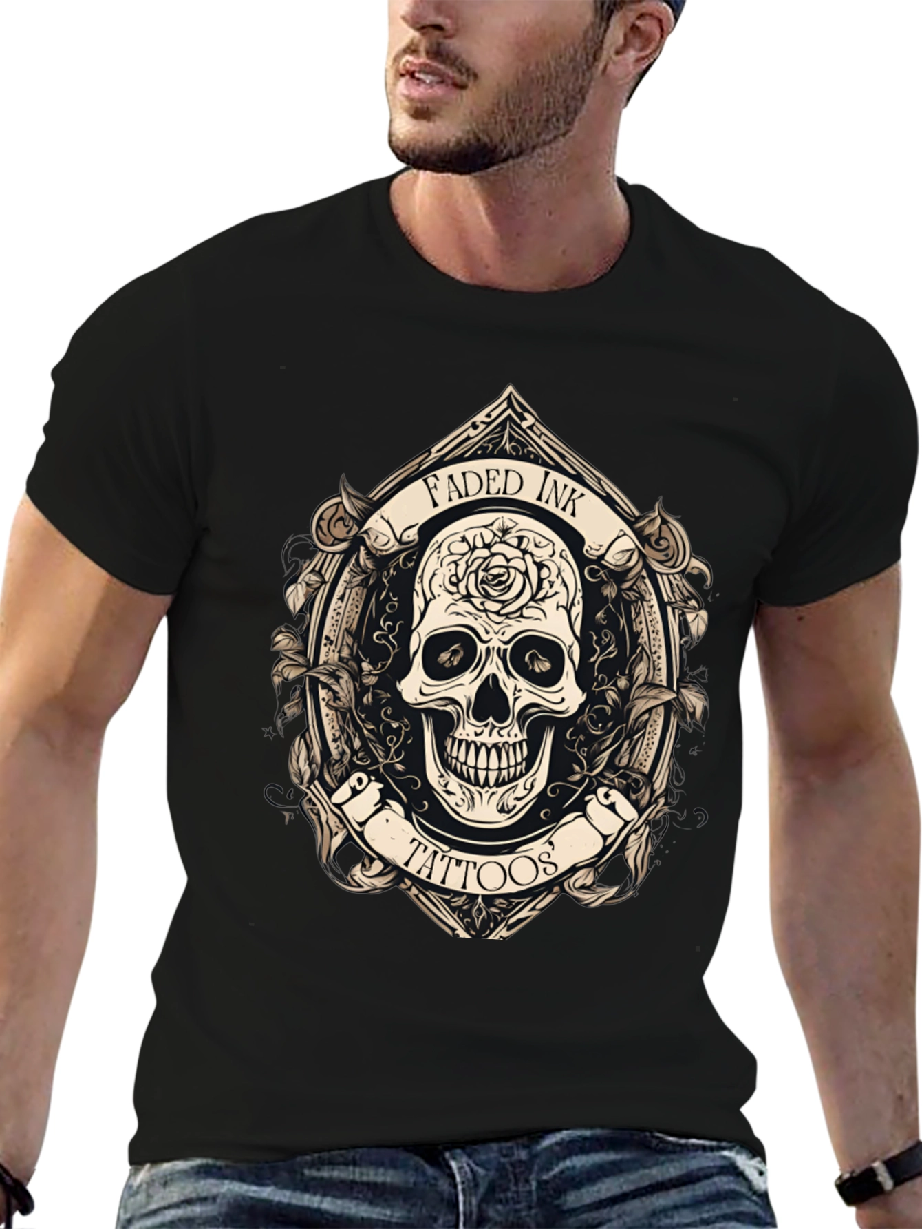 Black Faded Ink Tattoos Skull Graphic Black T-Shirt view 6