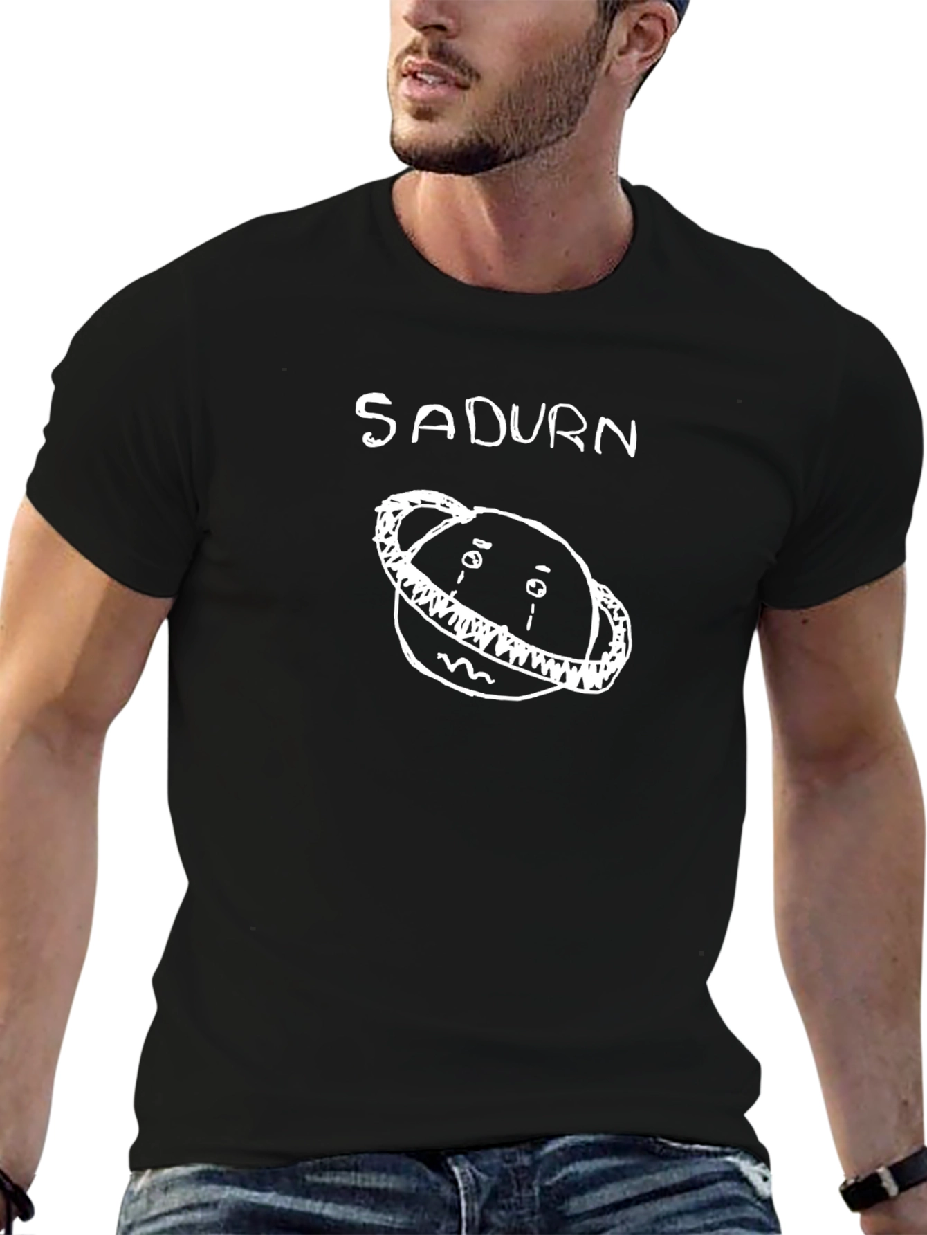 Black Sadurn Saturn T-Shirt - White Graphic on Black view 6