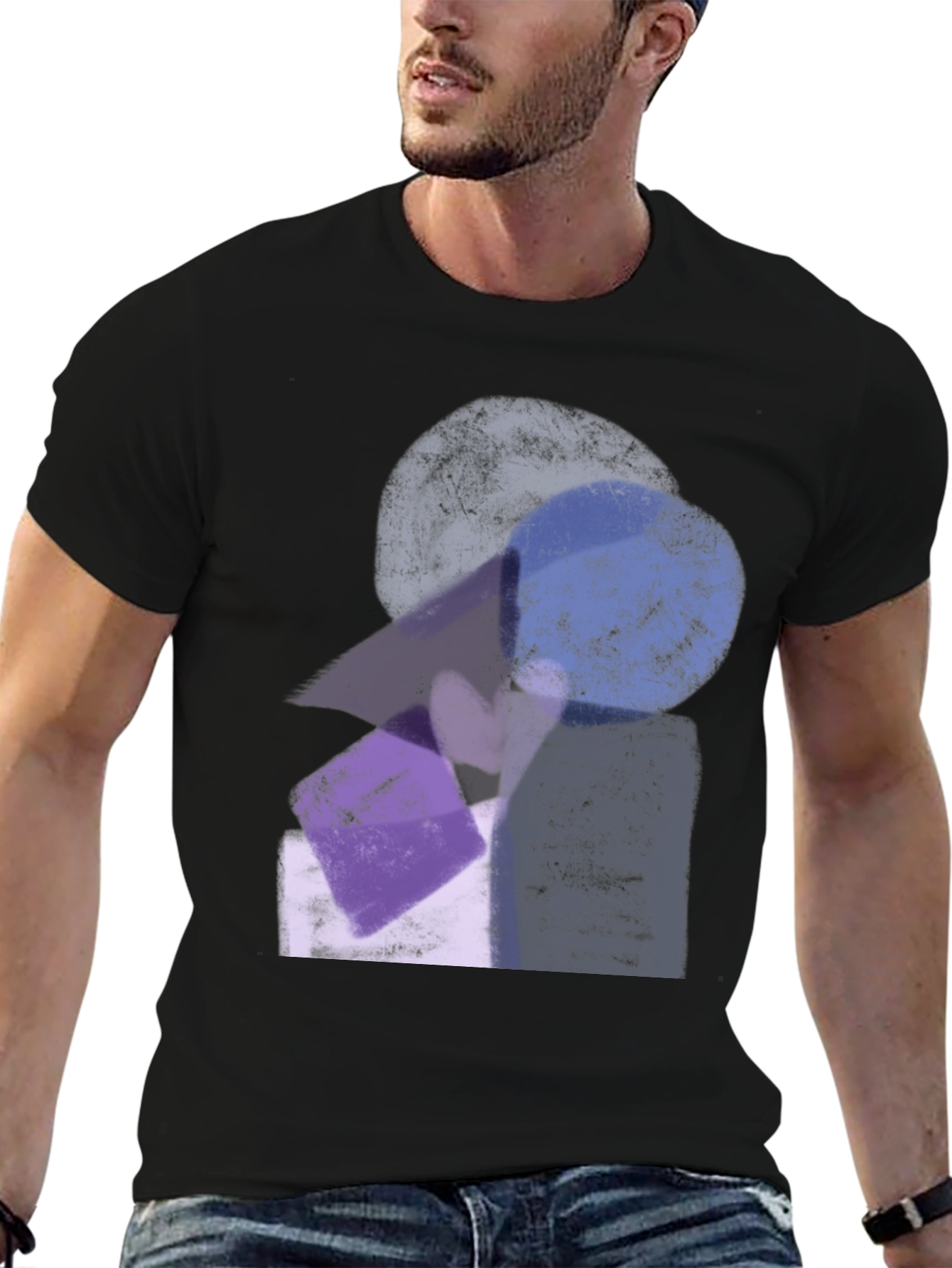 Black Abstract Geometric Print Black Crew Neck T-Shirt view 6