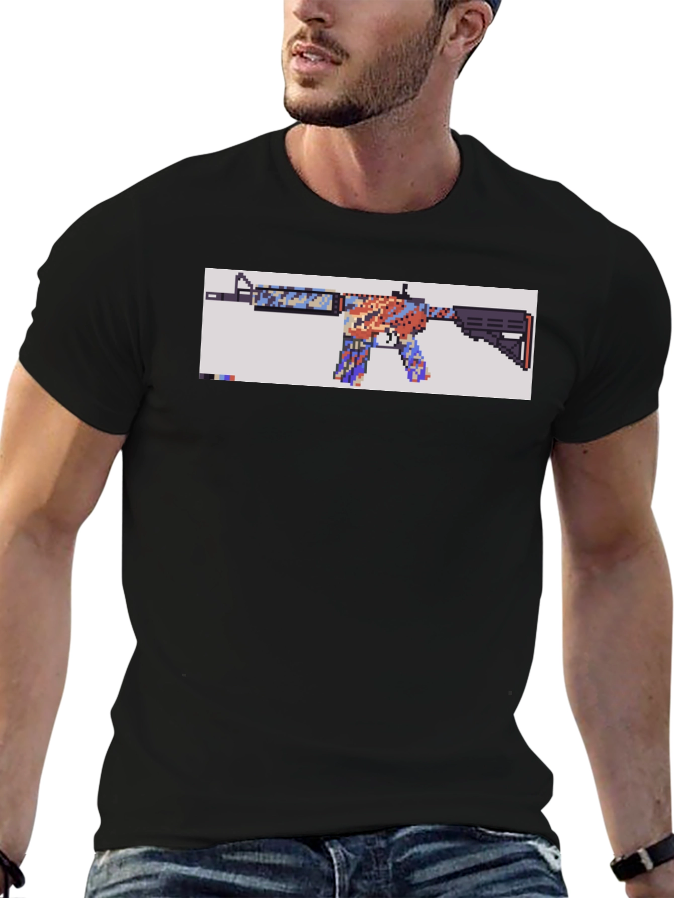 Black Pixelated Rifle Graphic Tee - Black Cotton Comfort view 6
