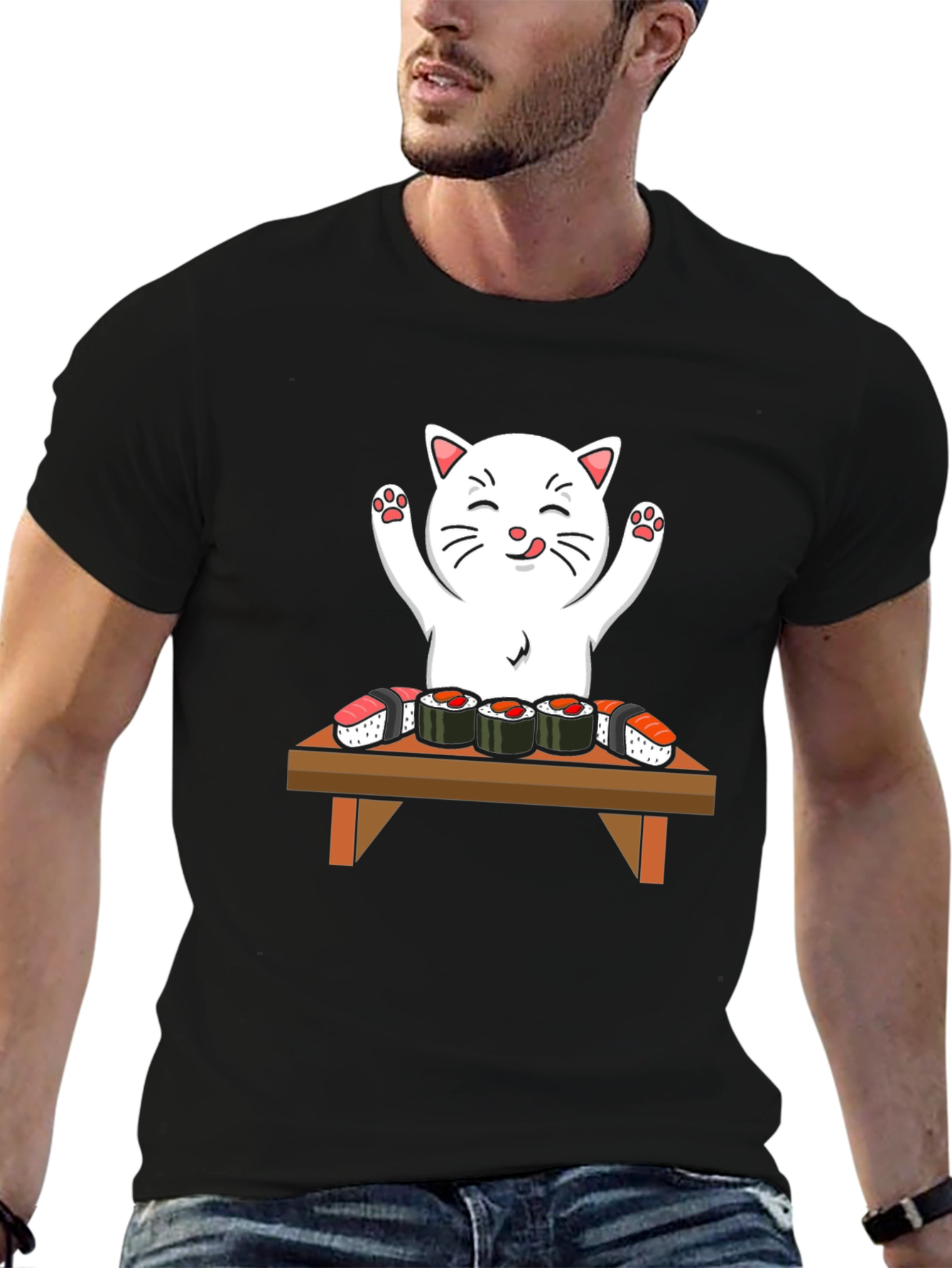 Black Cat Sushi T-Shirt - Cute Kawaii Design view 6