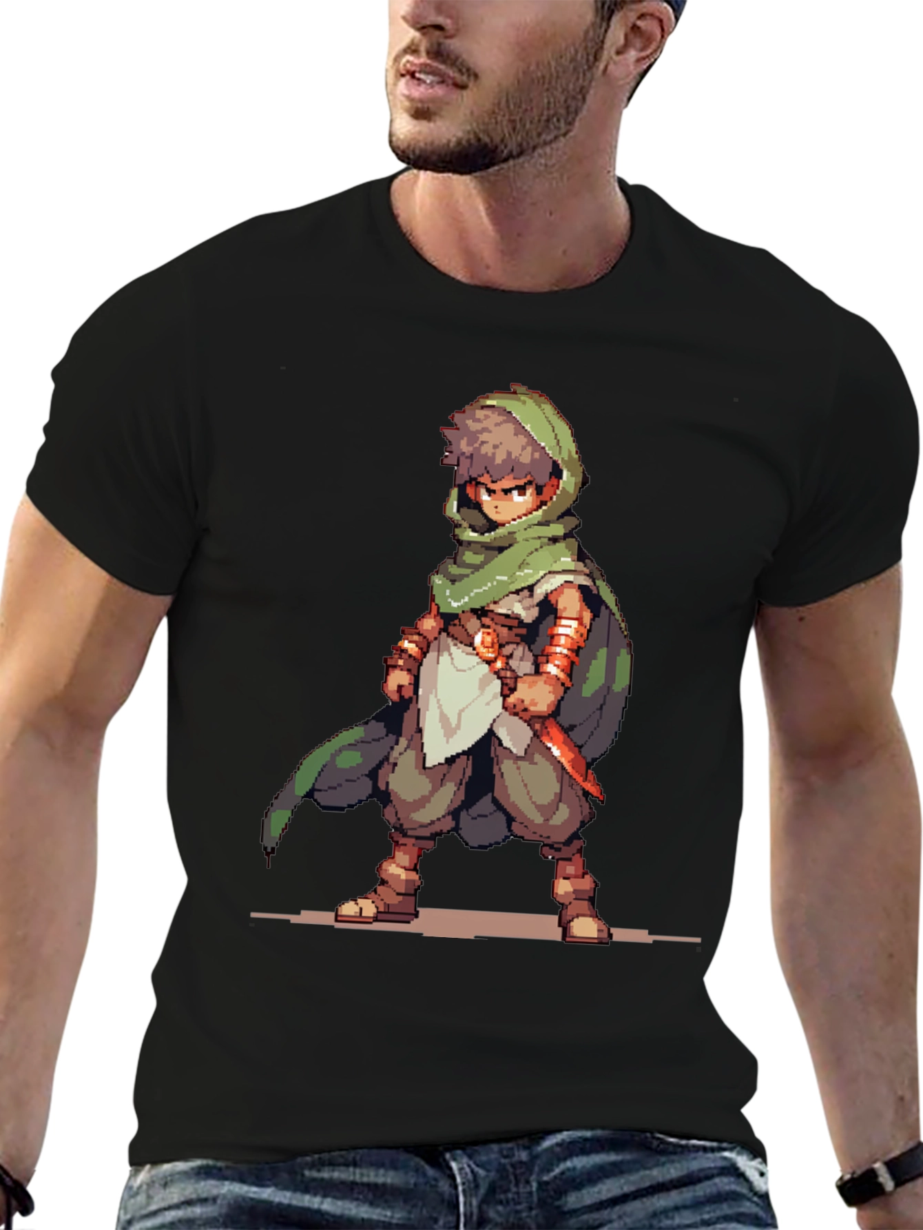 Black Pixel Art RPG Character Graphic Tee - Black Cotton Blend view 6