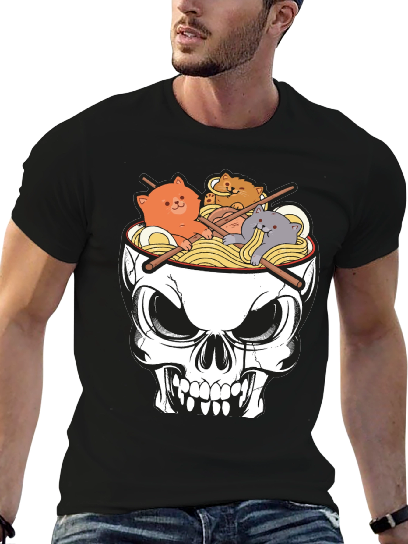Black Skull Ramen Cat T-Shirt view 6
