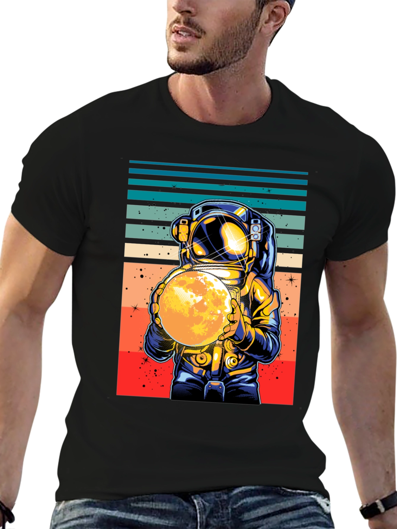 Black Retro Astronaut Moon T-Shirt view 6