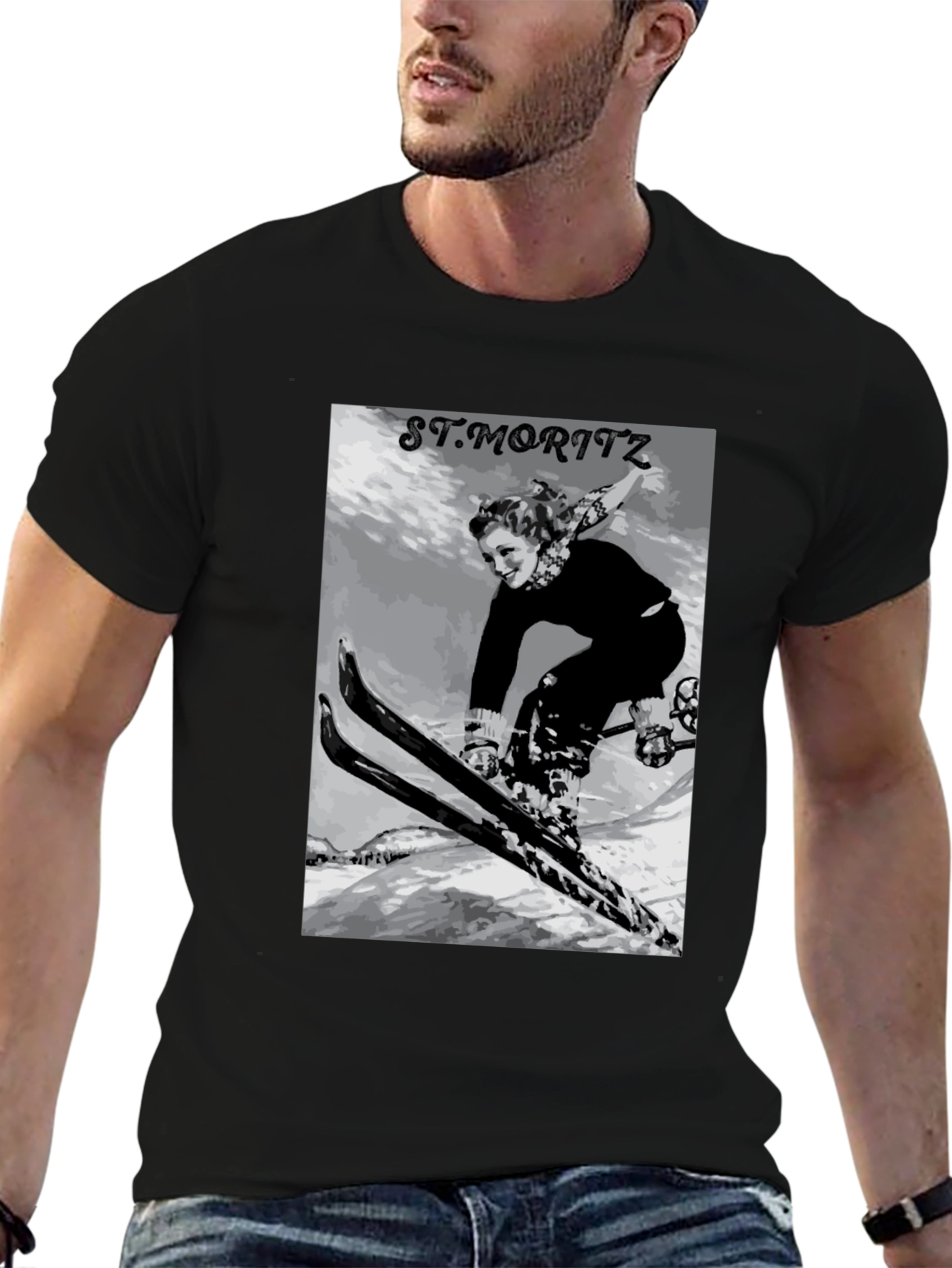 Black Vintage St. Moritz Skiing Graphic Tee view 6