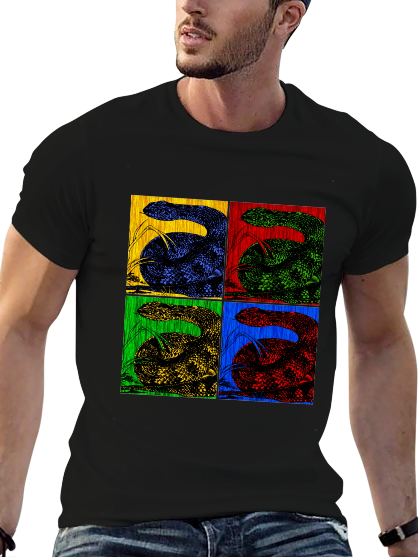 Black Retro Snake Pop Art Black T-Shirt view 6