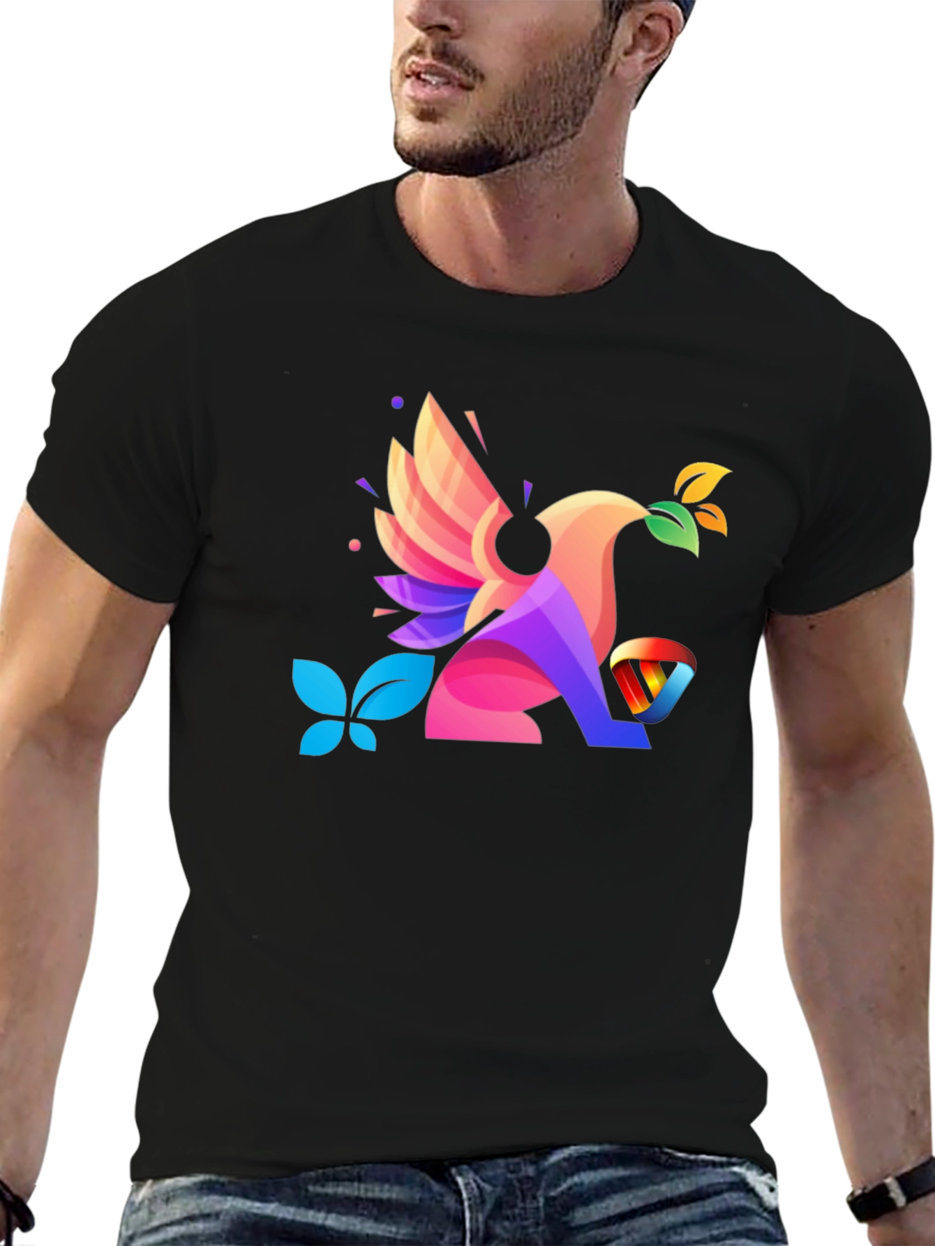 Black Colorful Geometric Bird Graphic T-Shirt view 6