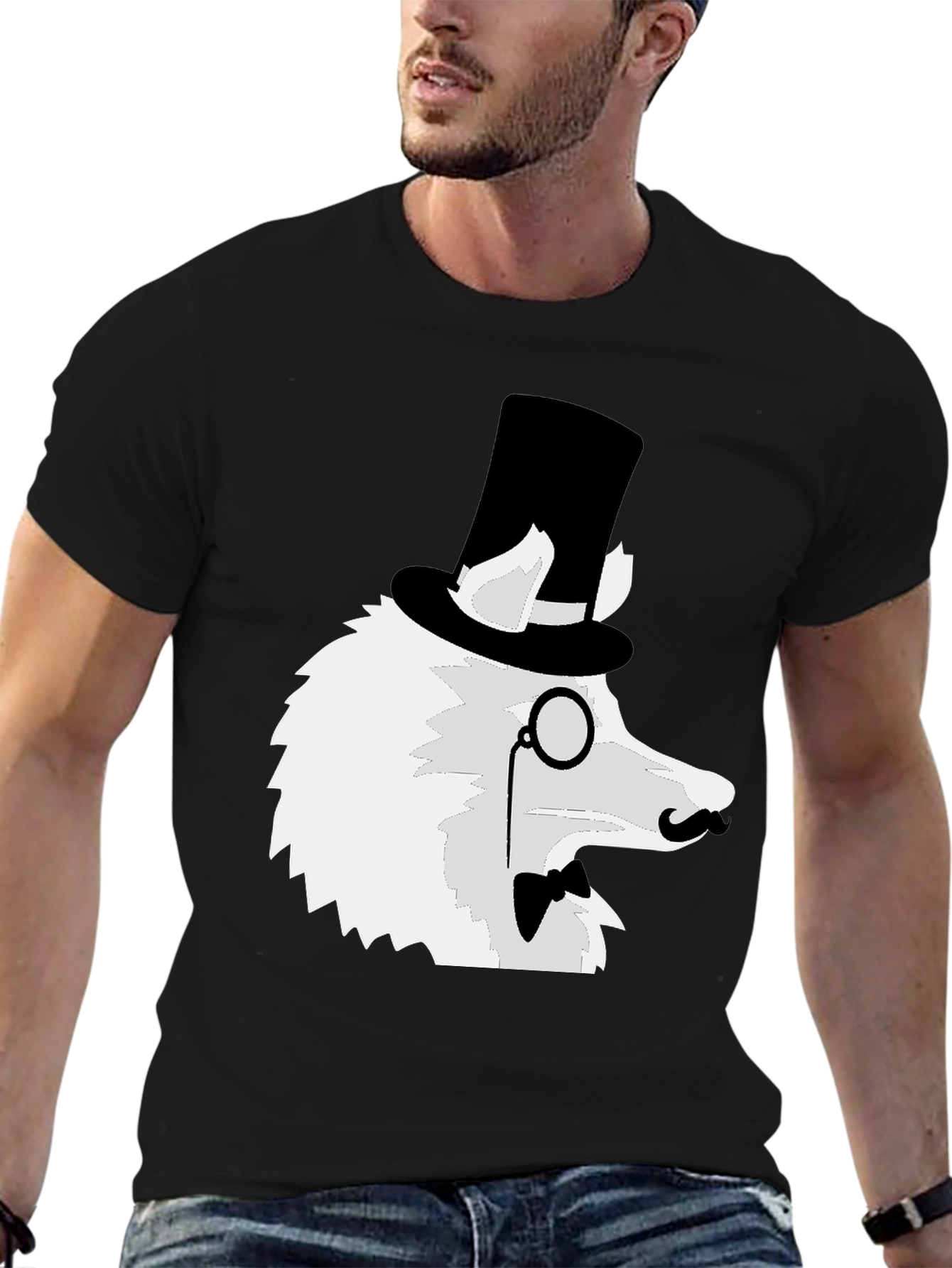 Black Dapper Dog T-Shirt: Top Hat Monocle Bow Tie view 6
