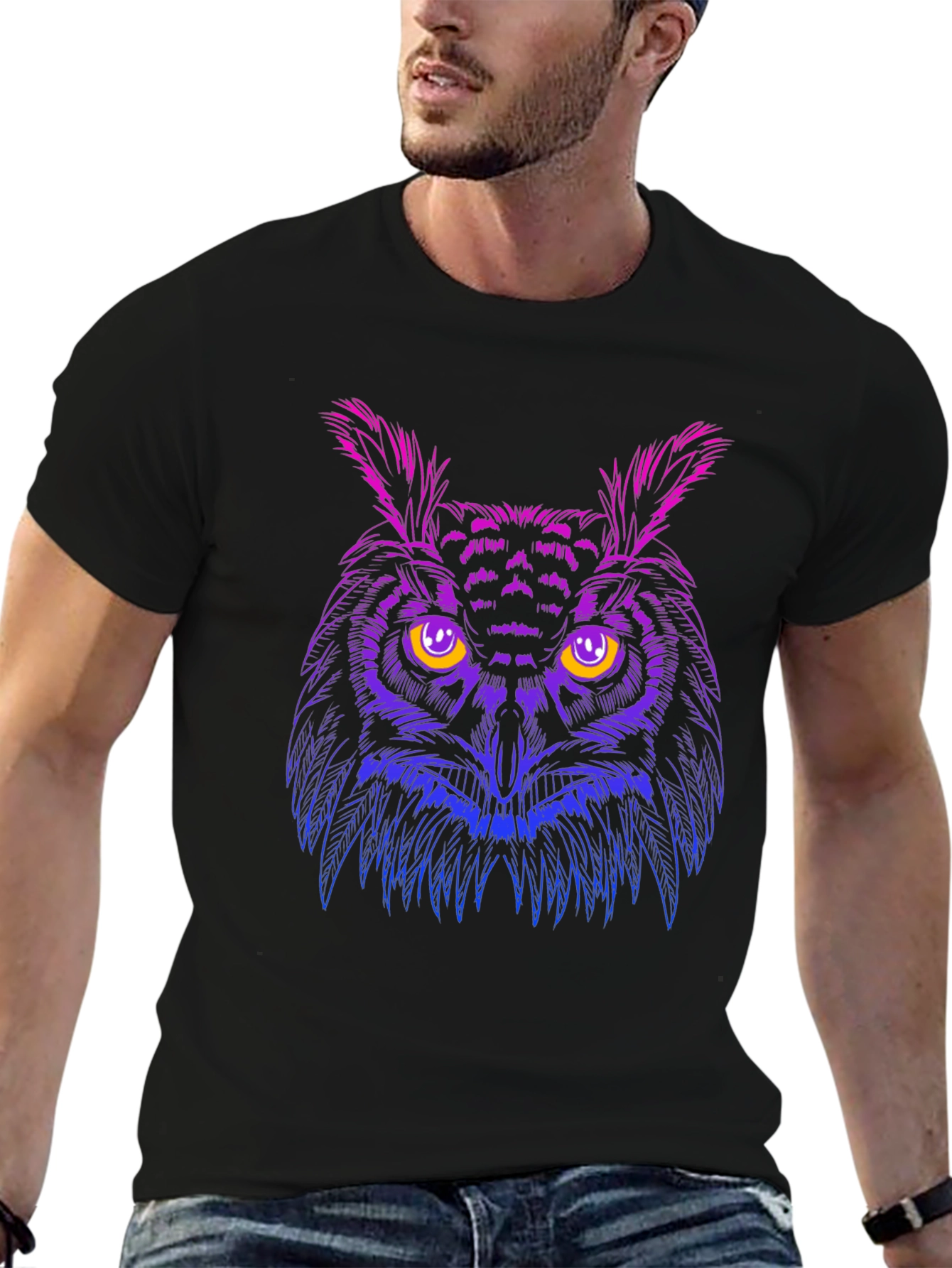 Black Neon Owl Graphic Black T-Shirt - Stylish Men's Tee view 6
