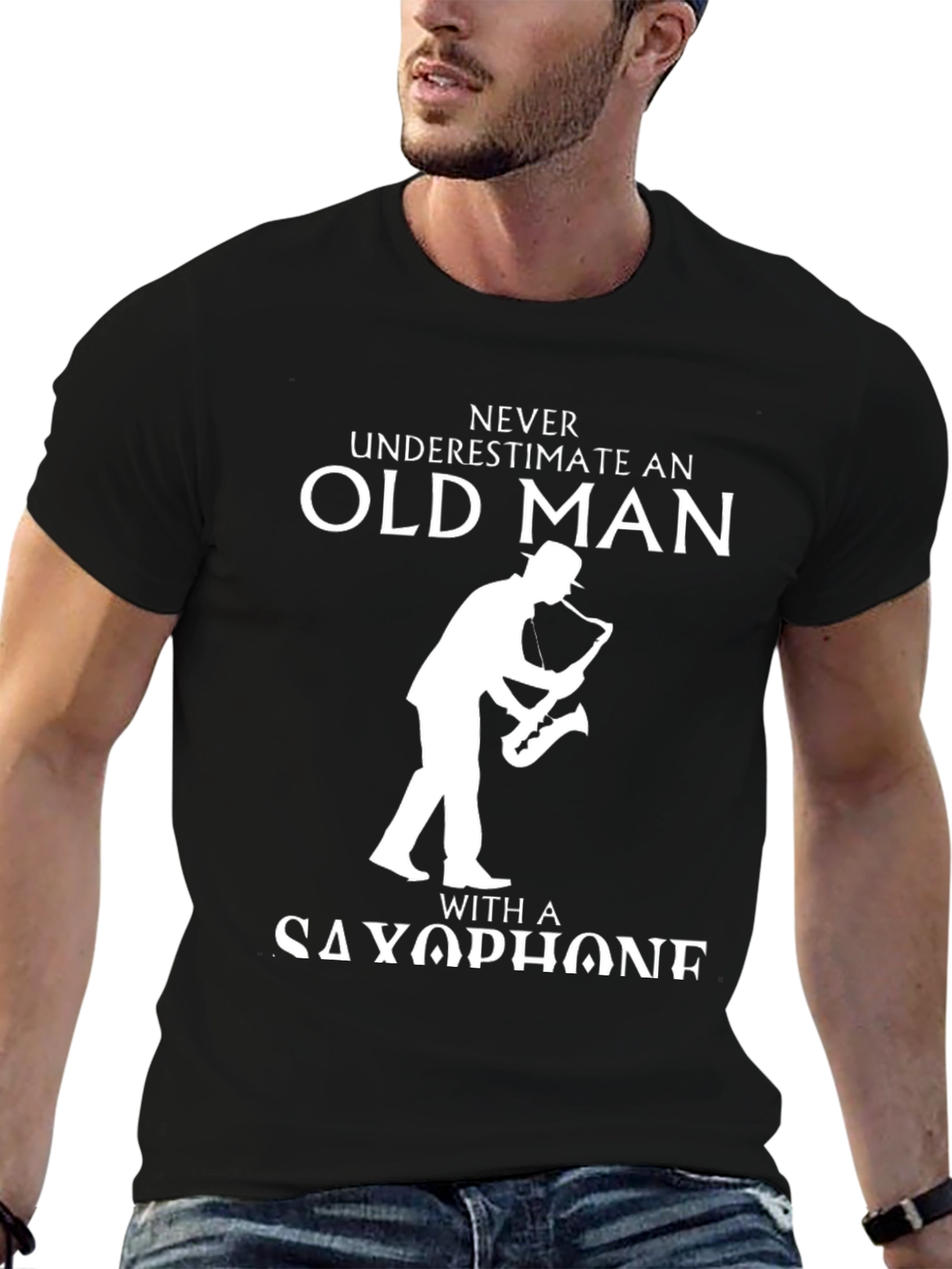 Black Never Underestimate Old Man with Saxophone T-Shirt view 6