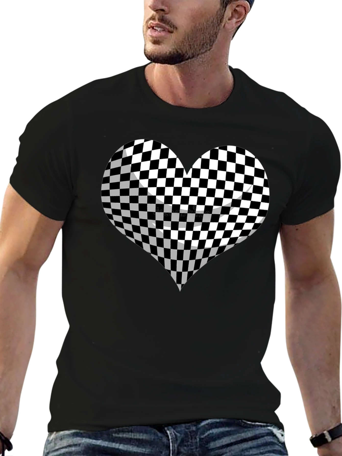 Black Checkered Heart Graphic Tee - Stylish Black T-Shirt view 6