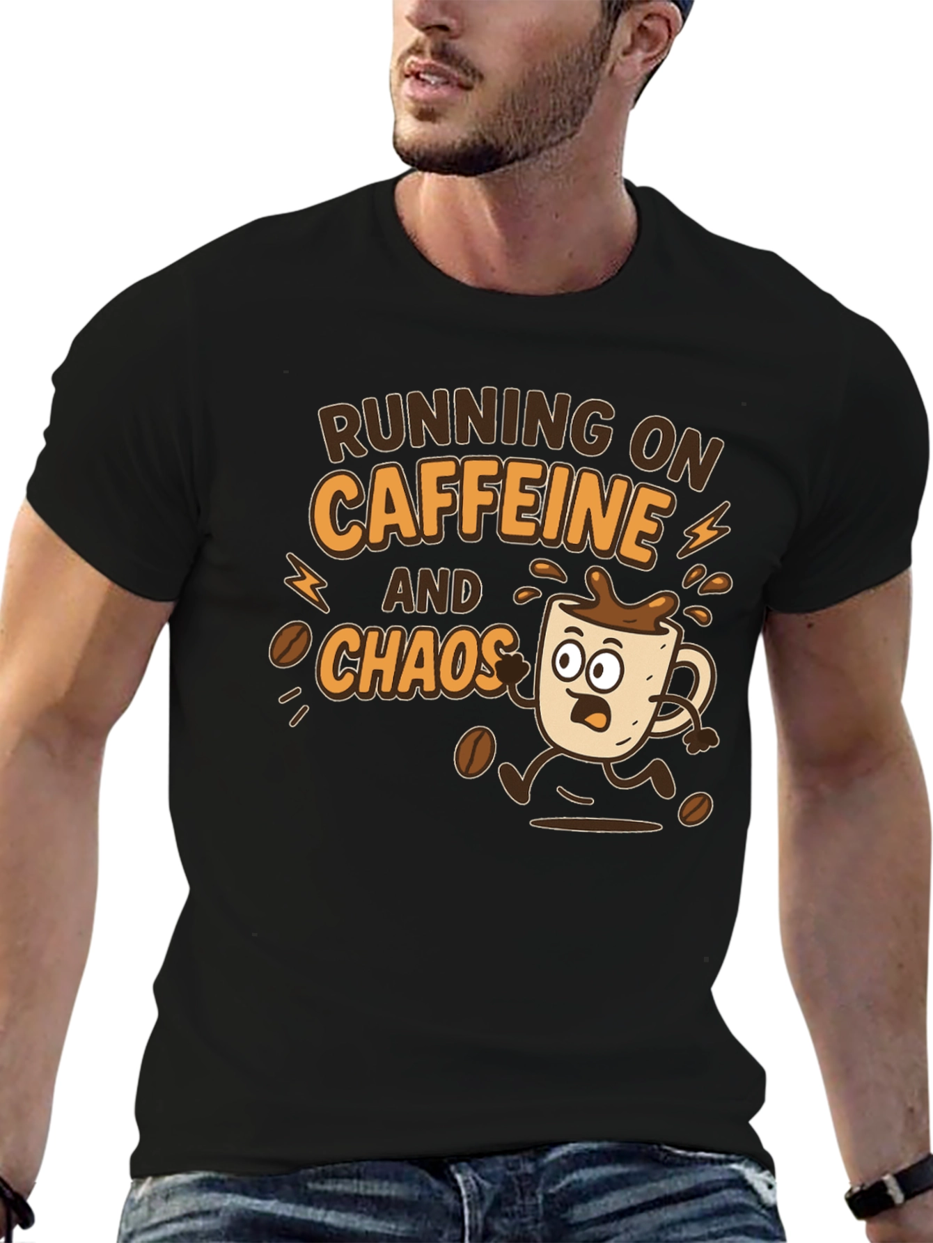 Black Running on Caffeine and Chaos Graphic Tee view 6