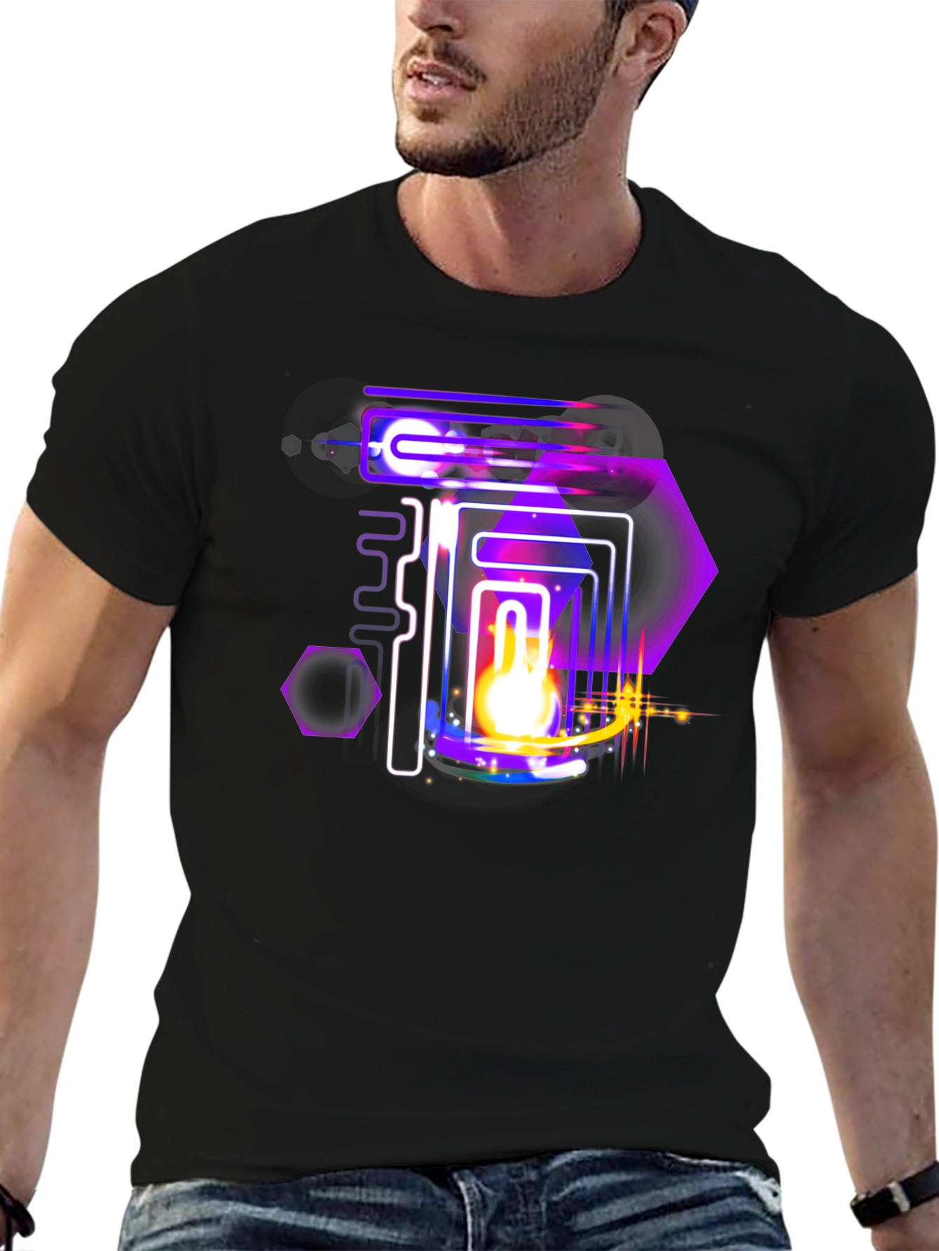 Black Abstract Neon Graphic Black Tee view 6