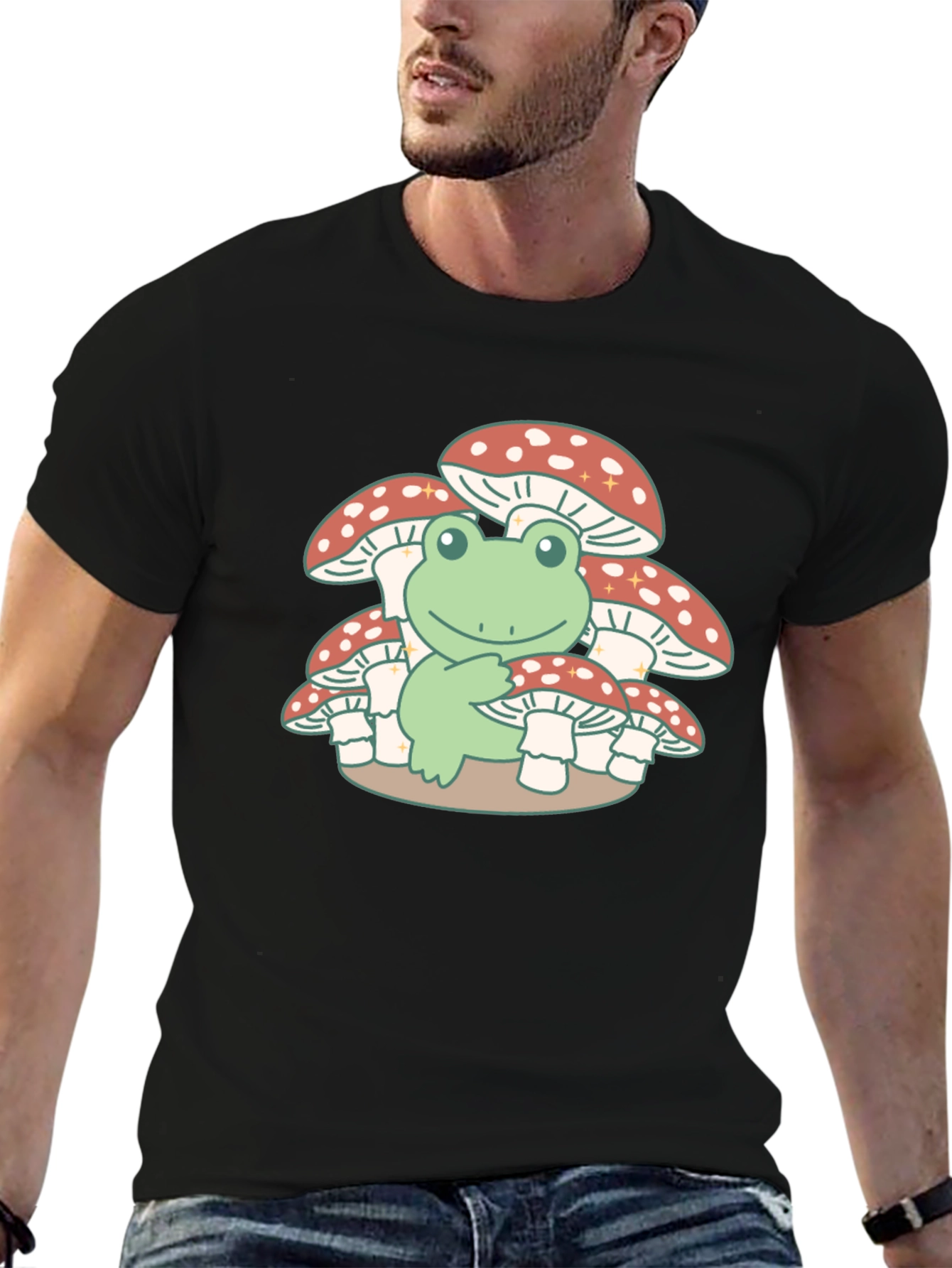 Black Frog on Mushrooms T-Shirt - Cute & Unique Design view 6