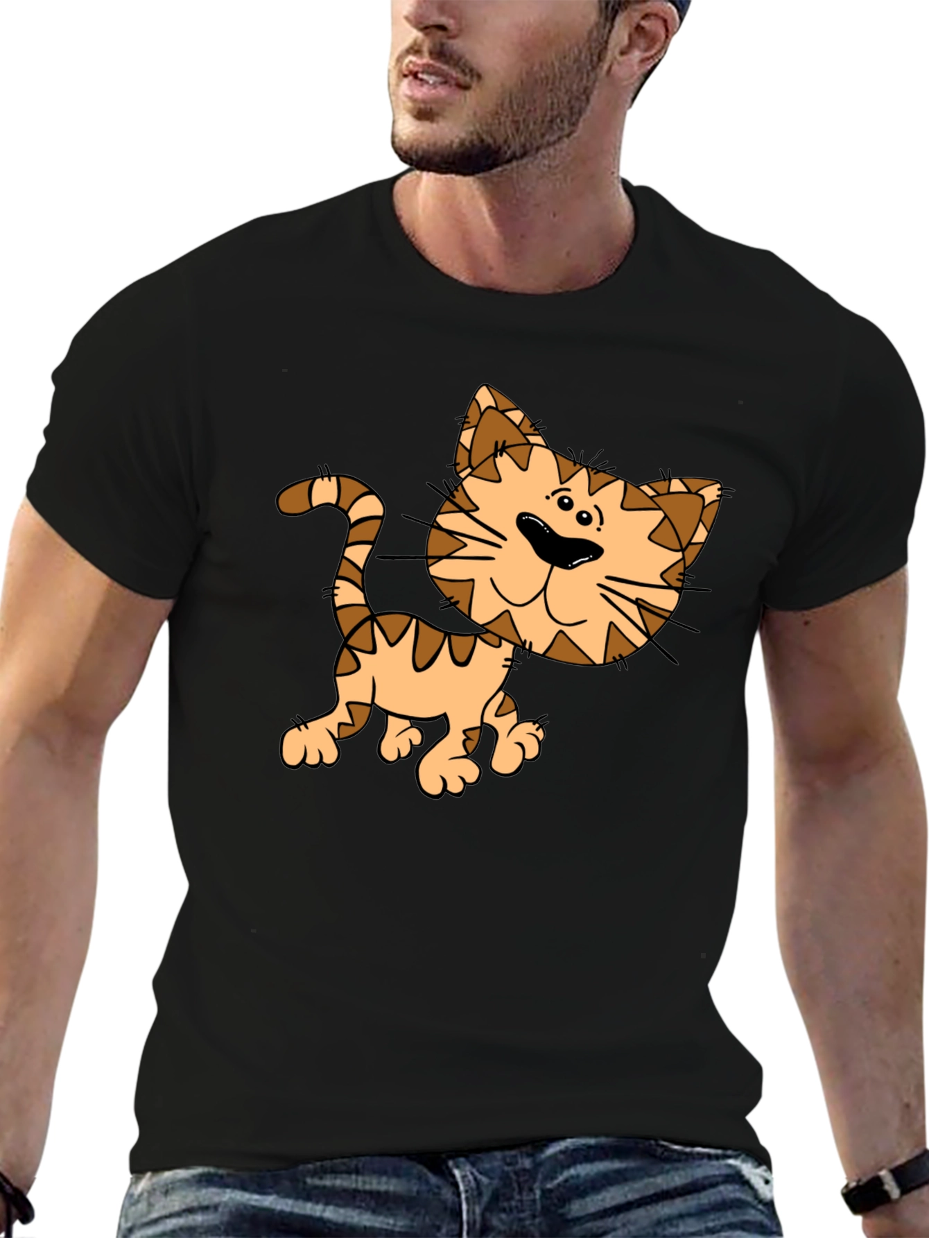 Black Cartoon Cat Graphic Black T-Shirt view 6