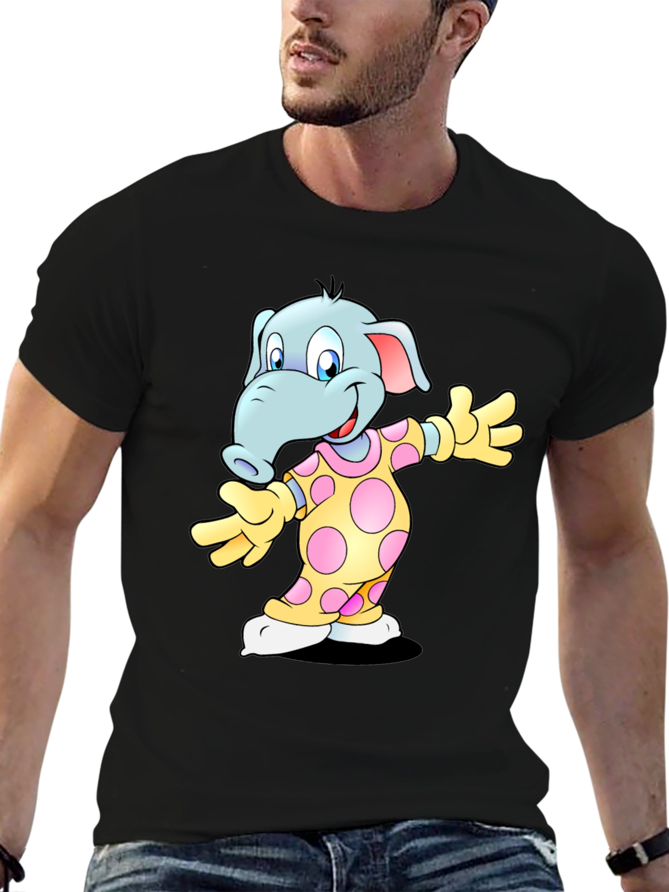 Black Cartoon Elephant Print Black T-Shirt view 6