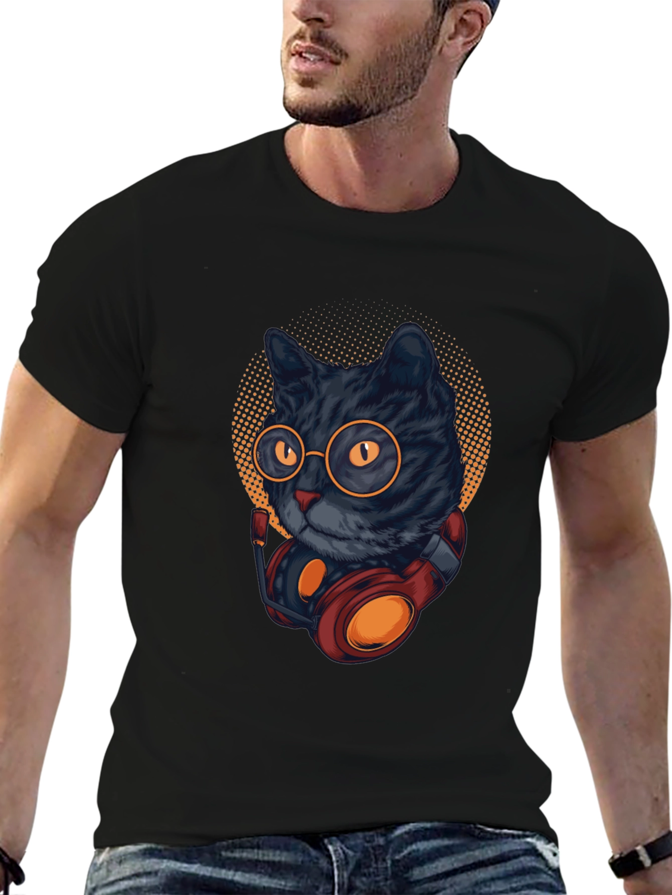 Black Cool Cat DJ T-Shirt - Black view 6