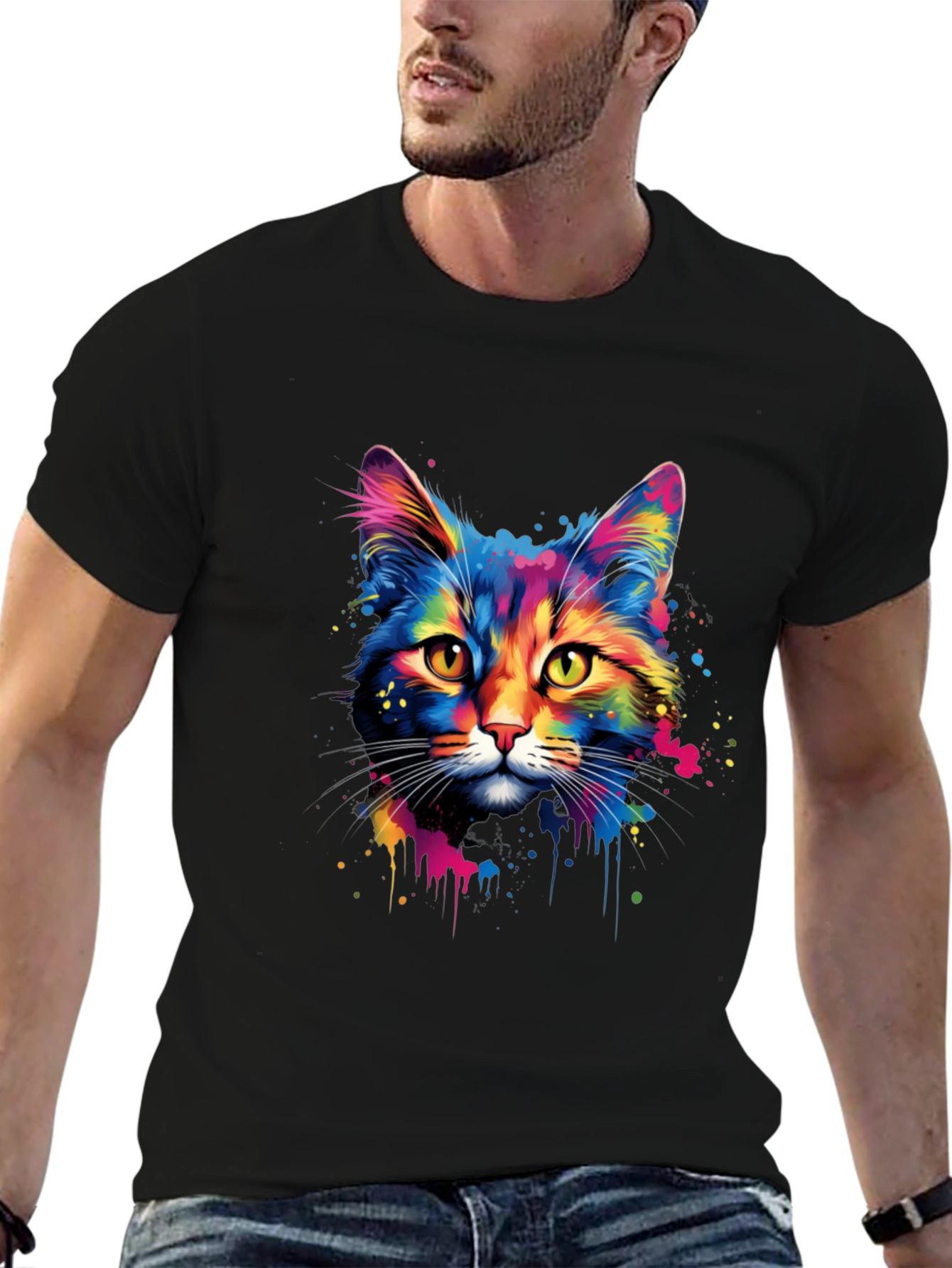 Black Colorful Cat Graphic Print T-Shirt view 6