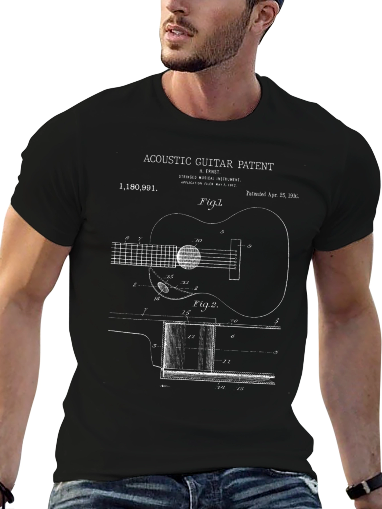 Black Acoustic Guitar Patent Print T-Shirt view 6