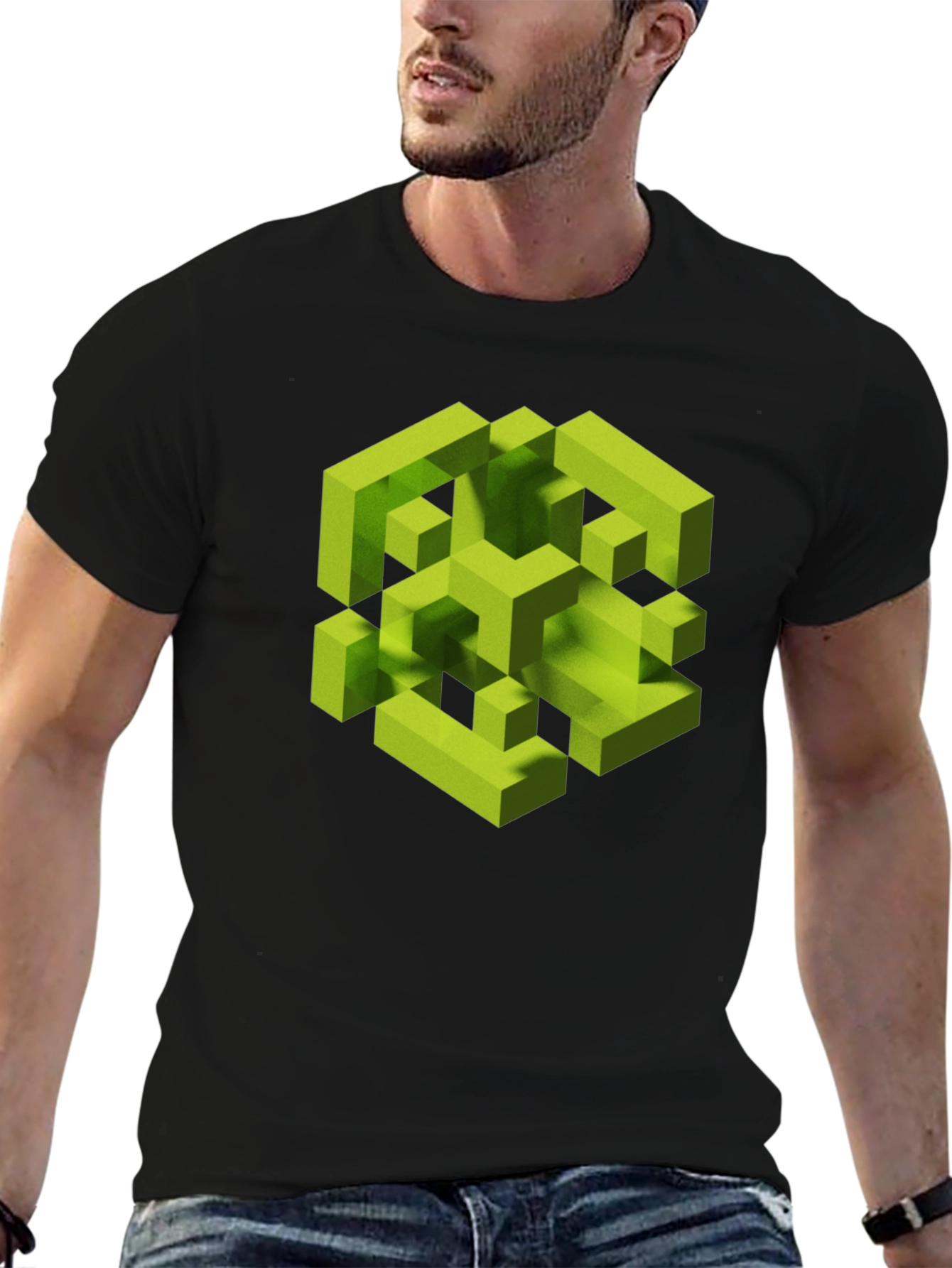 Black Abstract Geometric Cube Graphic Tee - Black view 6