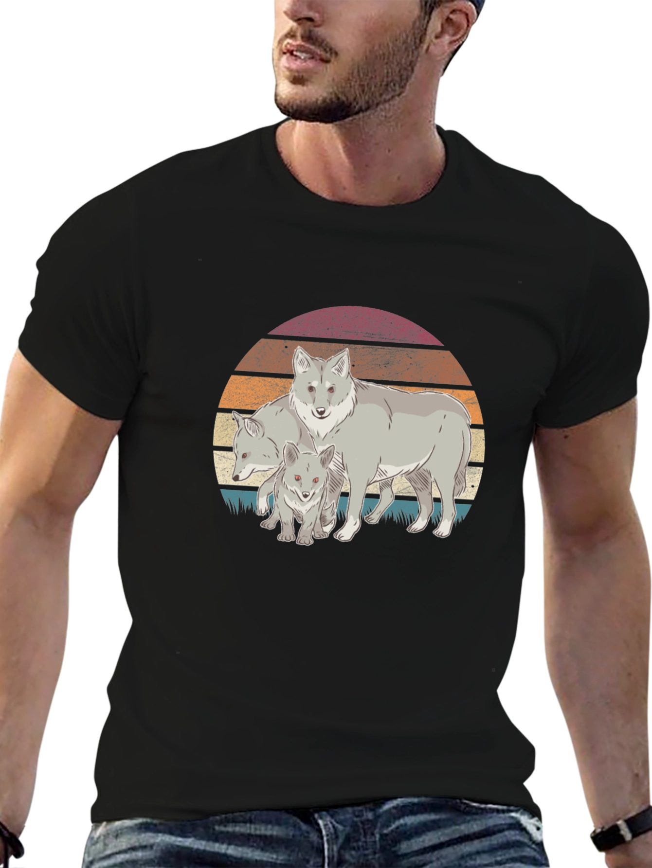Black Wolf Pack Graphic Tee - Retro Sunset Design view 6