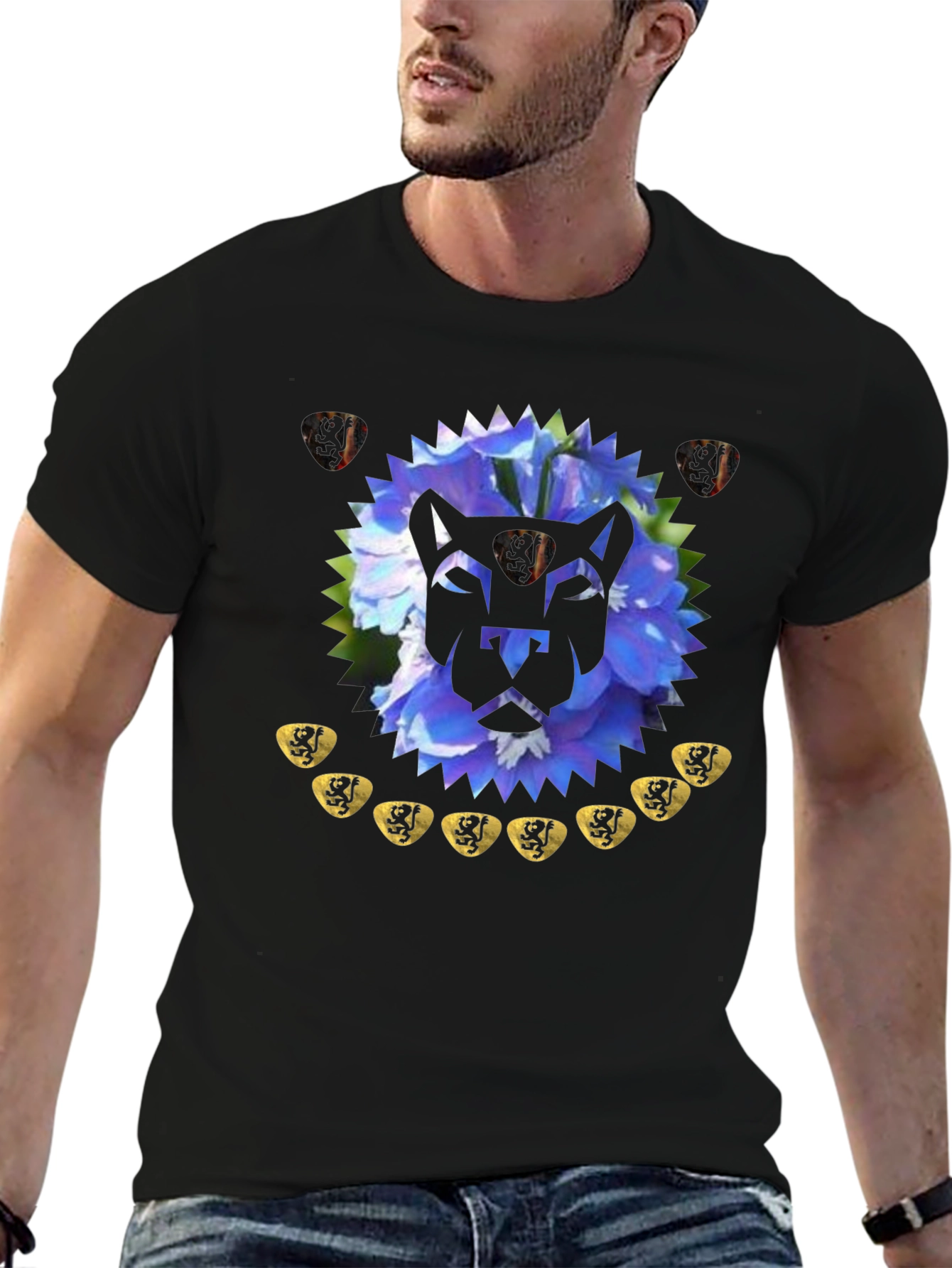 Black Geometric Lion Floral T-Shirt - Modern Graphic Tee view 6