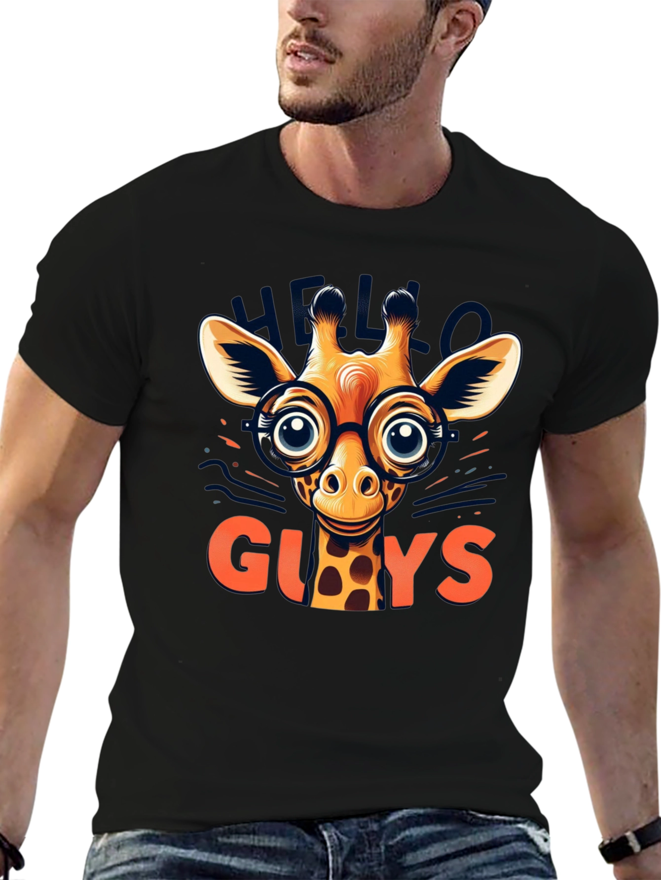Black Giraffe with Glasses Graphic Tee - Hello Guys! view 6