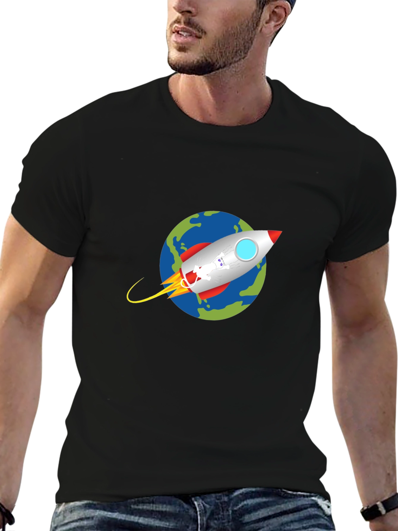 Black Rocket Earth Graphic Tee - Black Cotton Casual view 6