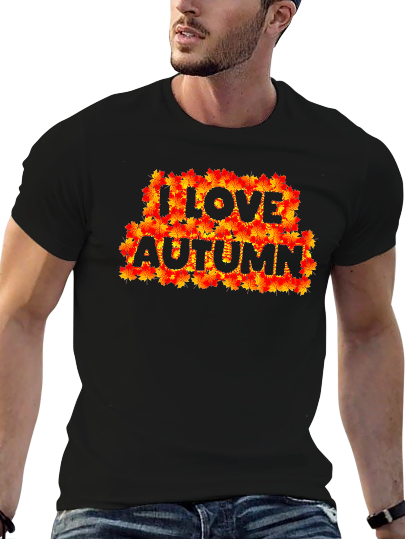 Black I Love Autumn Fall Leaves Black Graphic T-Shirt view 6