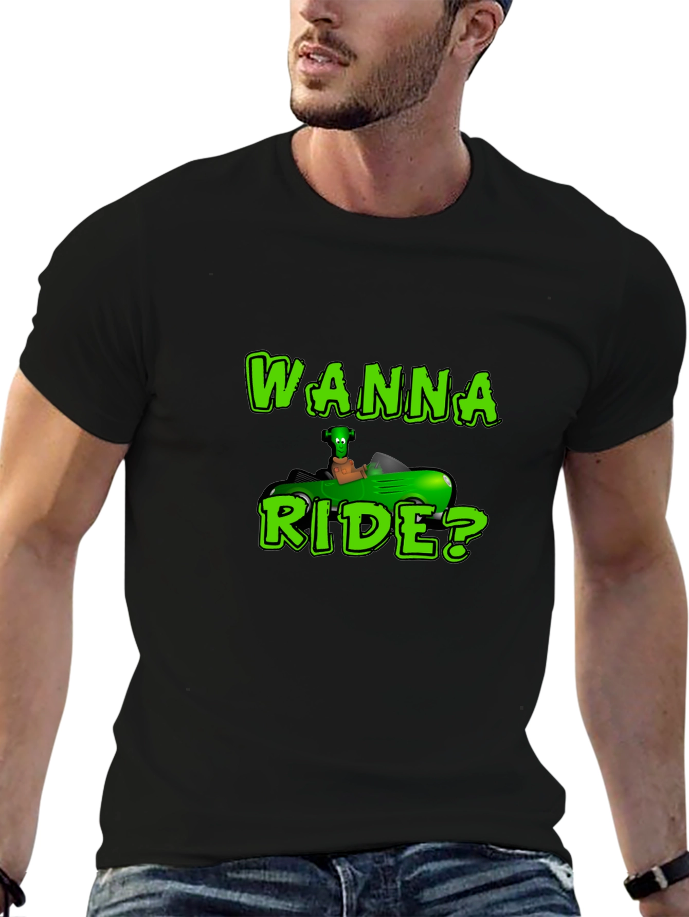 Black Wanna Ride? Green Car Black T-Shirt view 6
