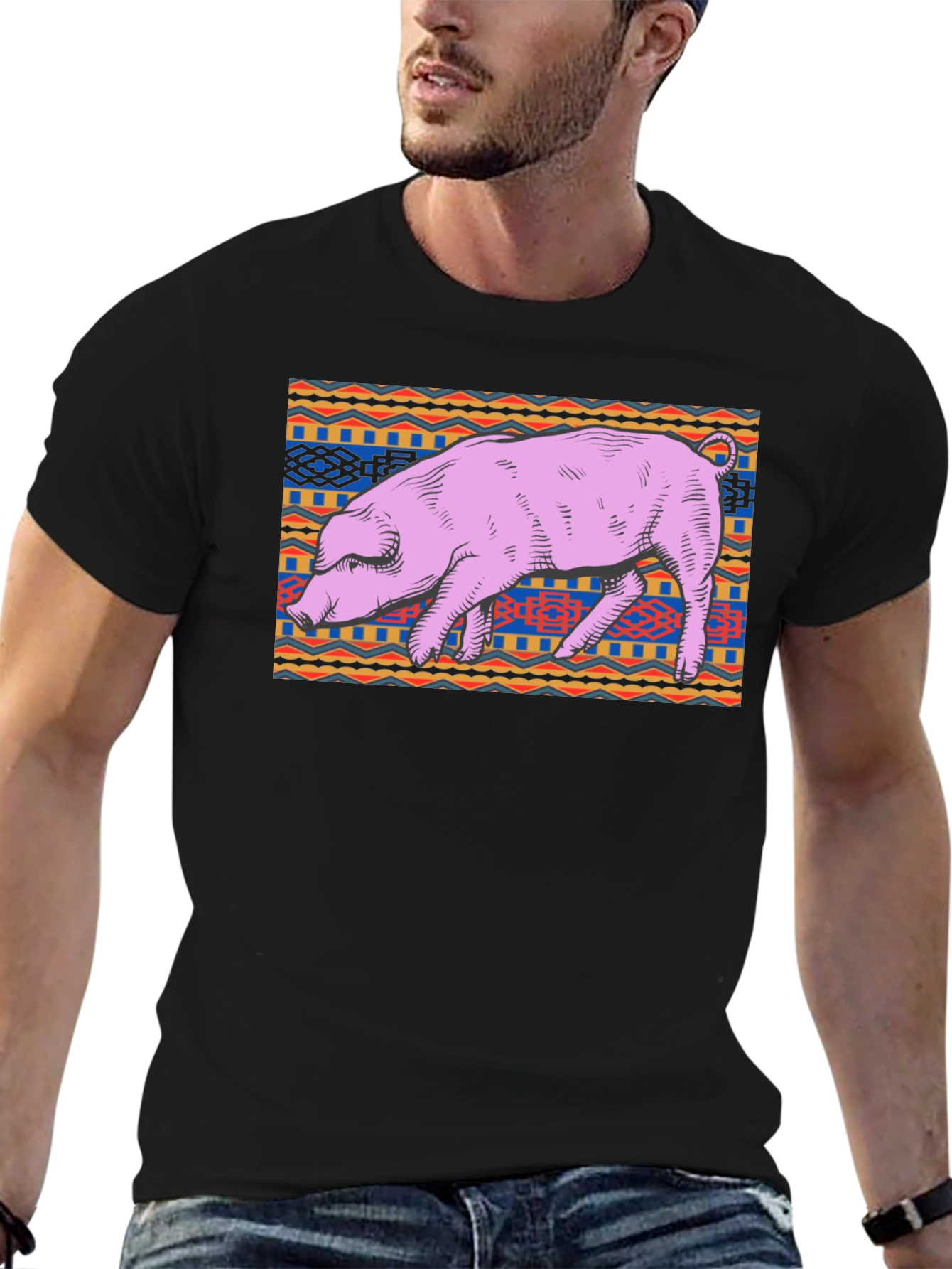 Black Pig Graphic Tee - Unique Tribal Pattern, Casual Cotton Shirt view 6