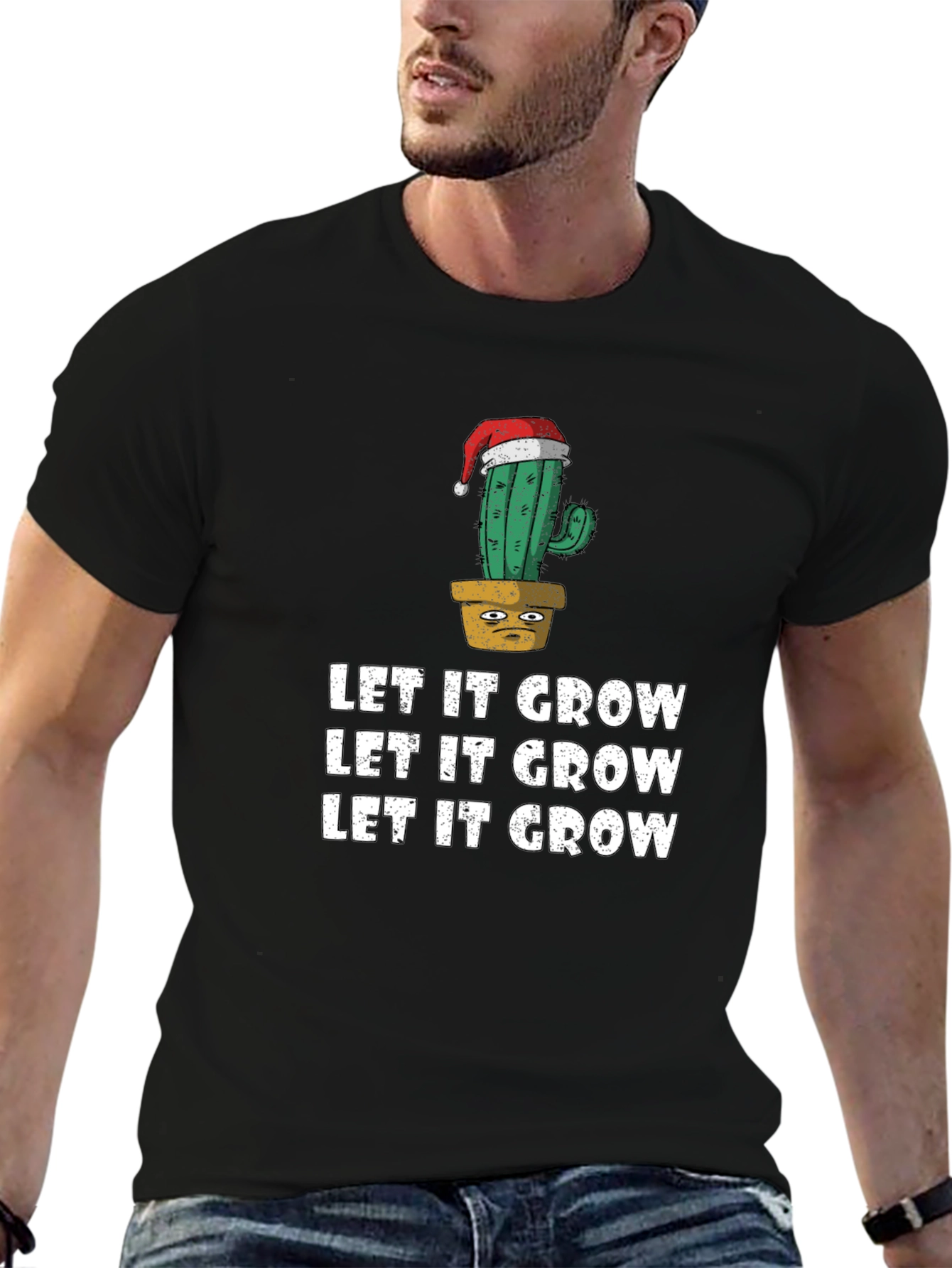 Black Let It Grow Cactus Christmas T-Shirt view 6