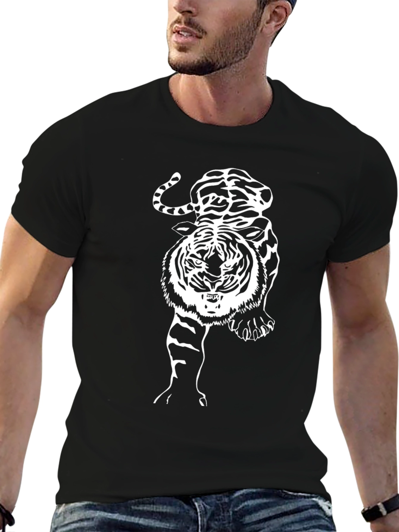 Black Tiger Graphic Print Men's Black T-Shirt view 6