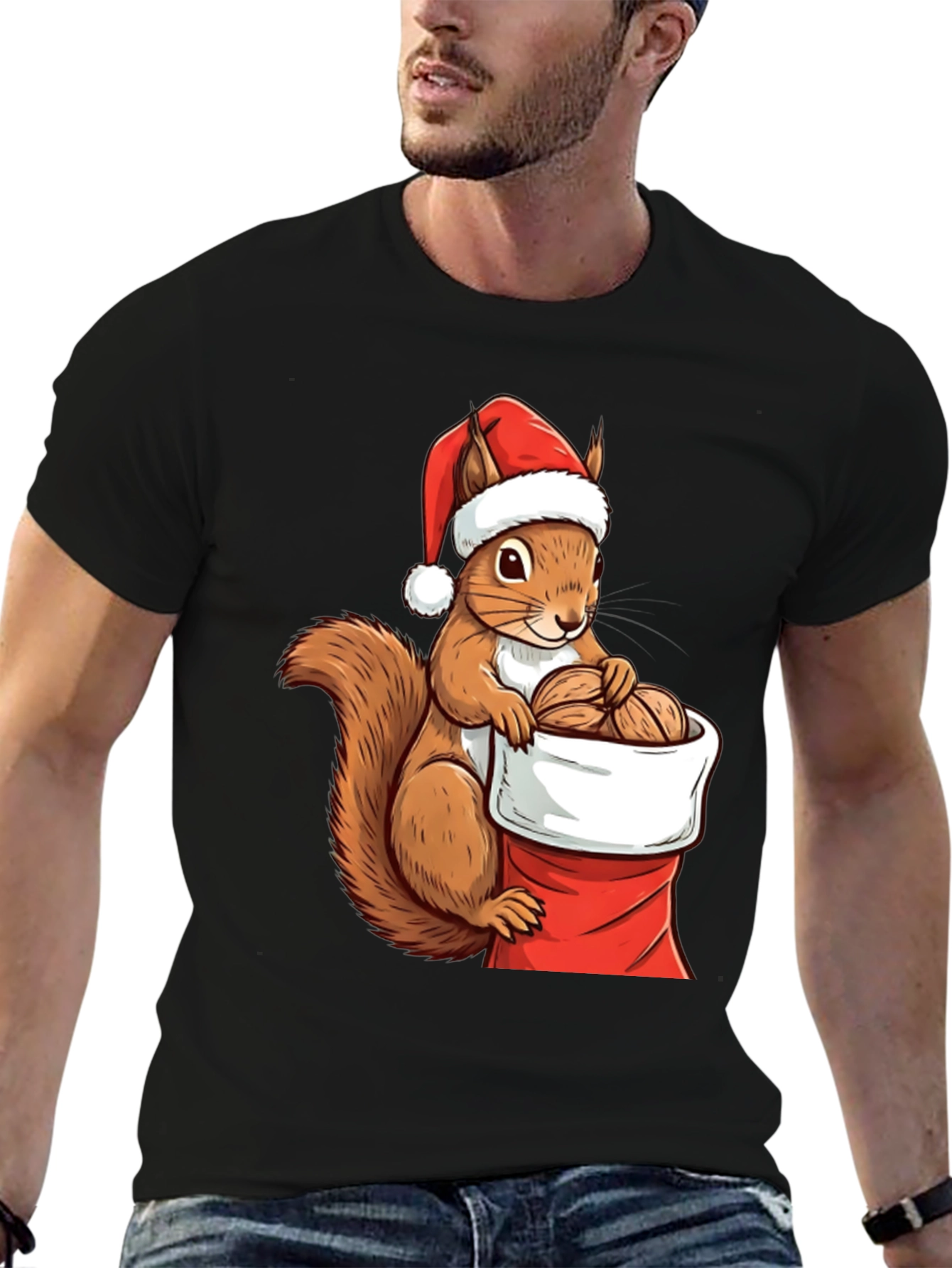 Black Festive Squirrel Santa Hat T-Shirt view 6