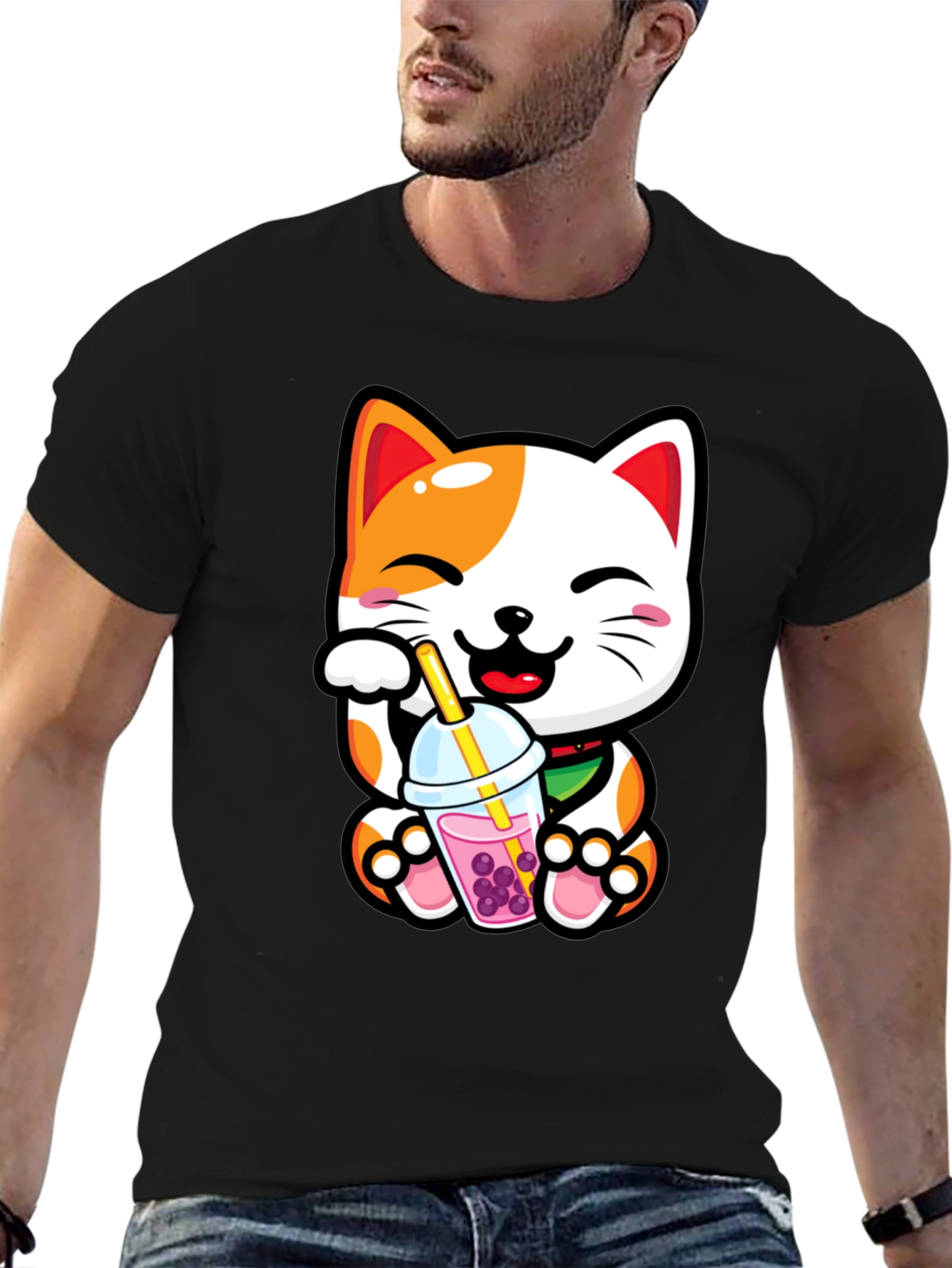 Black Kawaii Cat Boba Tea Graphic Tee view 6