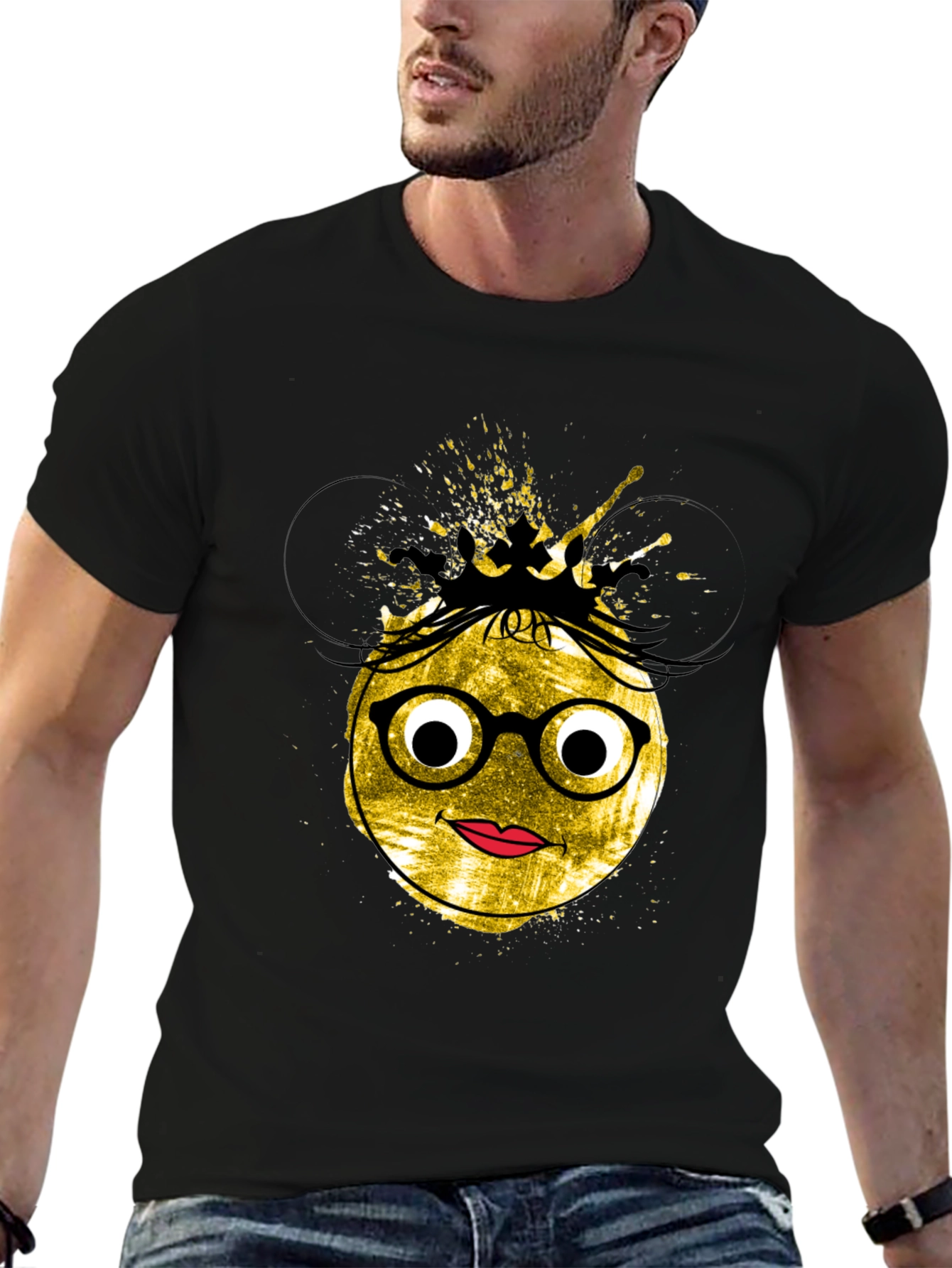 Black Trendy Graphic Tee - Nerdy Queen Emoji Design view 6