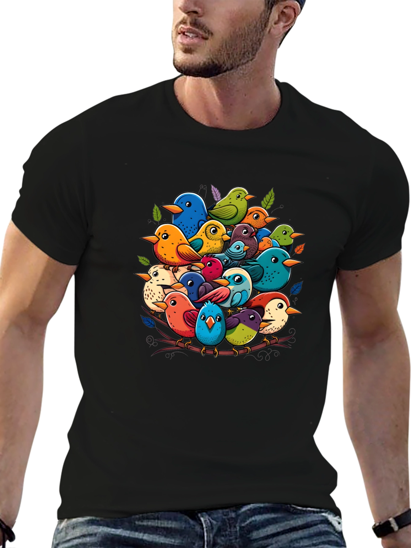 Black Colorful Birds Nest T-Shirt - Nature Lover's Tee view 6